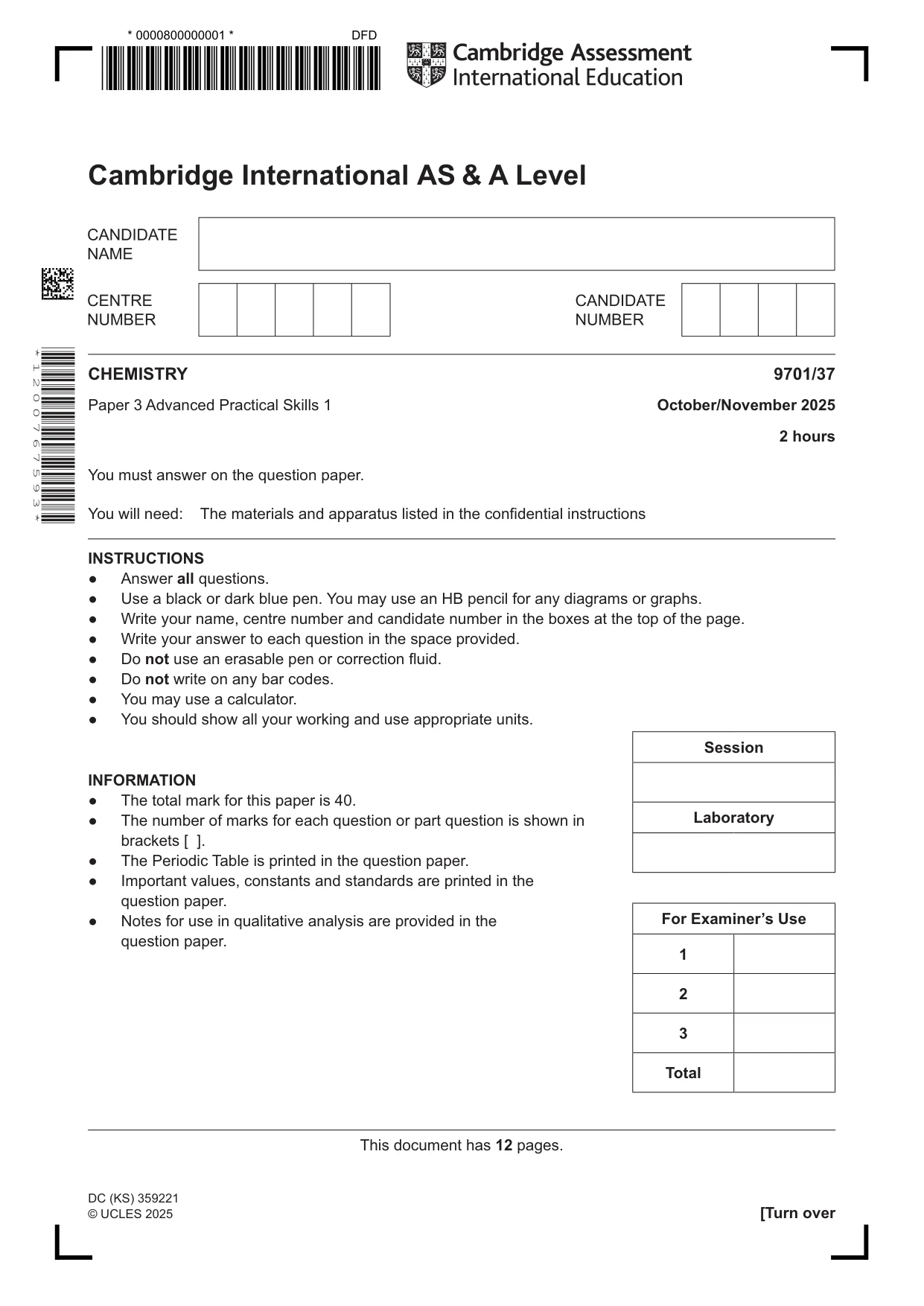 Cambridge A Level Chemistry 9701 2025 Oct/Nov Paper 3 · Variant 7 question paper, page 1 of 12
