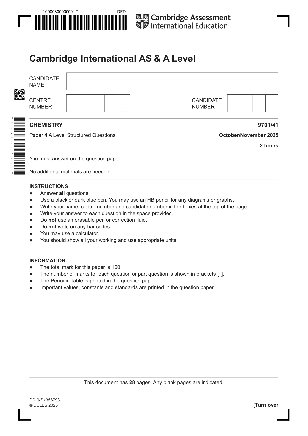 Cambridge A Level Chemistry 9701 2025 Oct/Nov Paper 4 · Variant 1 question paper, page 1 of 28