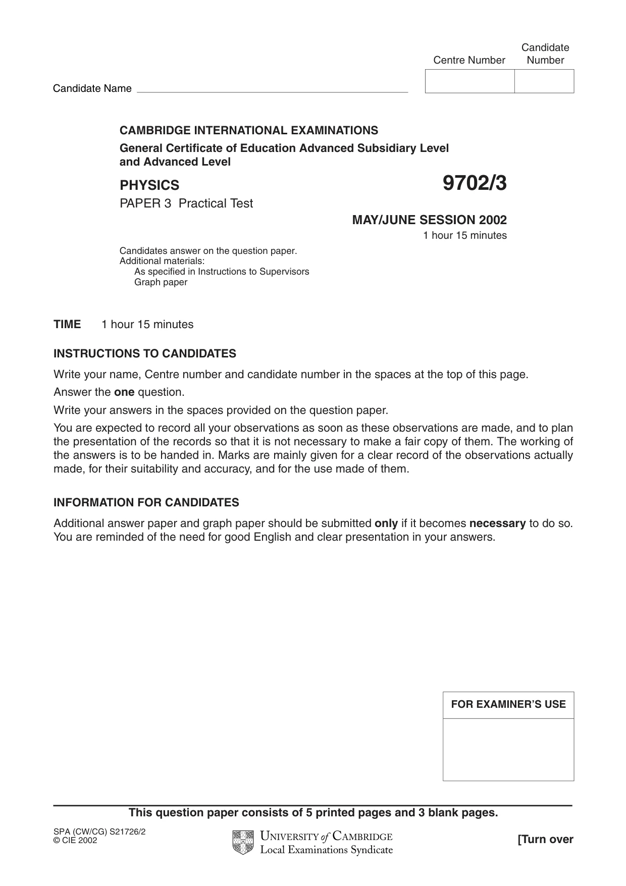 Cambridge A Level Physics 9702 2002 May/June Paper 3 · Variant 1 question paper, page 1 of 8