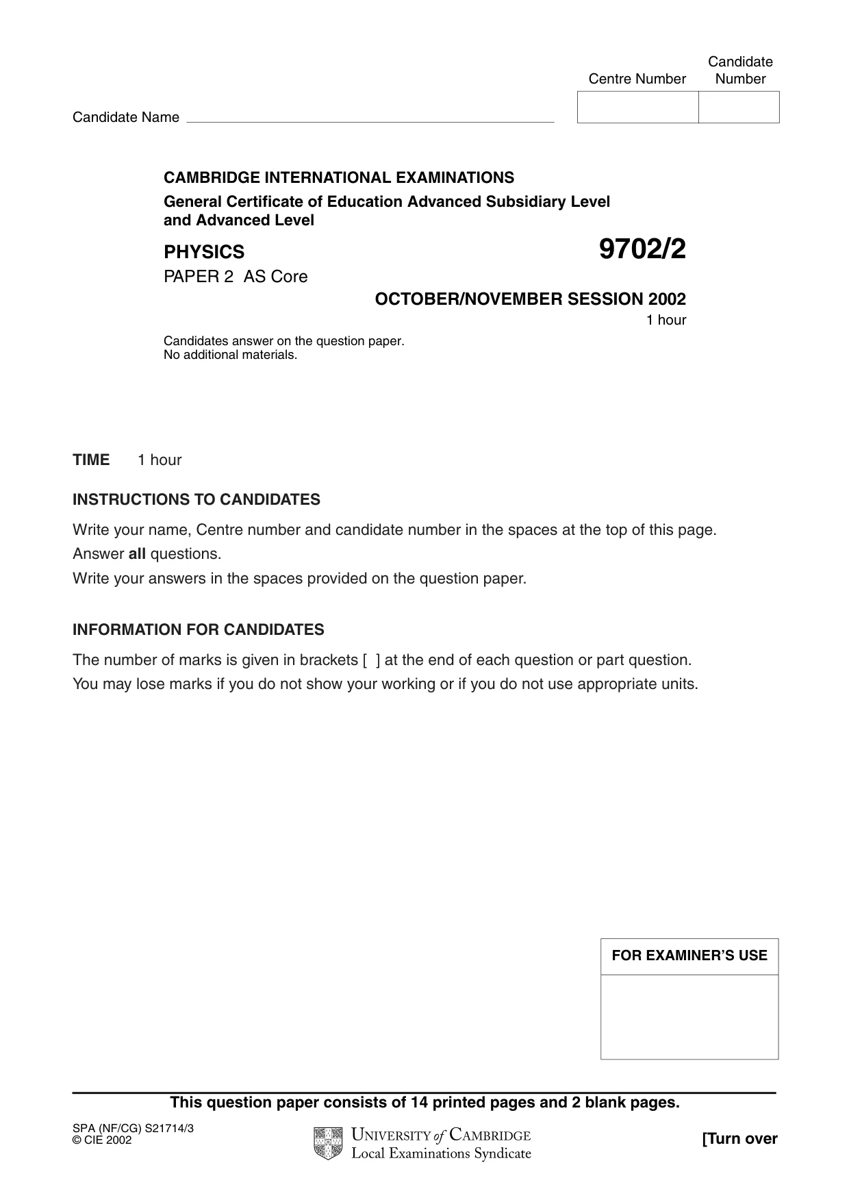Cambridge A Level Physics 9702 2002 Oct/Nov Paper 2 · Variant 1 question paper, page 1 of 16