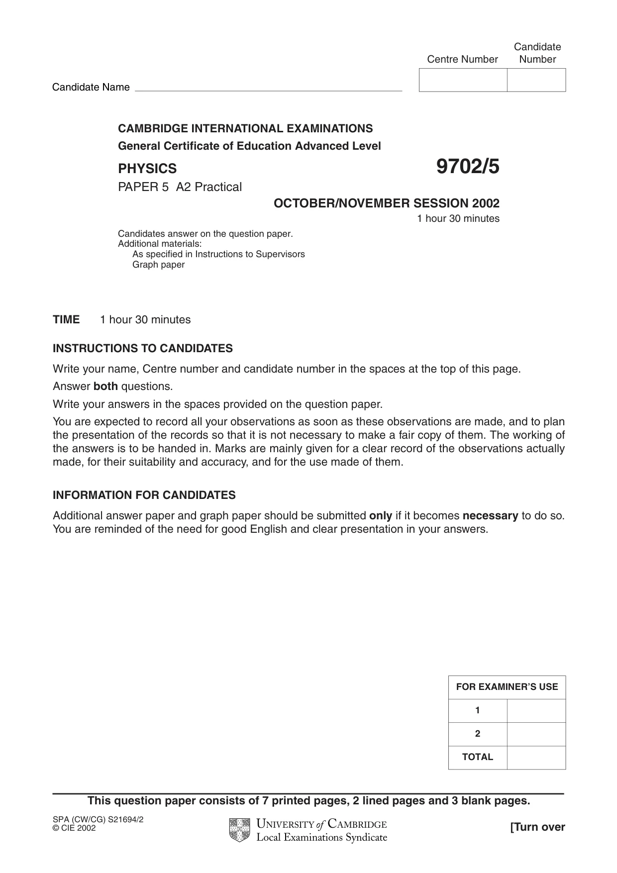 Cambridge A Level Physics 9702 2002 Oct/Nov Paper 5 · Variant 1 question paper, page 1 of 12