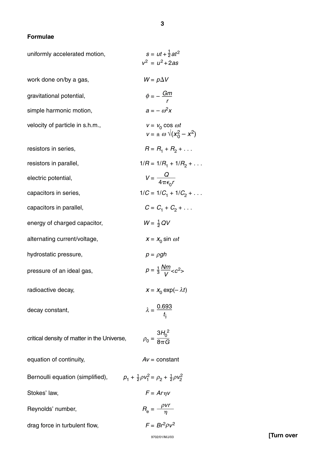 Cambridge A Level Physics 9702 2003 May/June Paper 1 · Variant 1 question paper, page 3 of 20