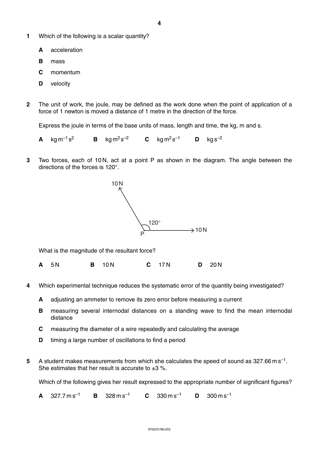 Cambridge A Level Physics 9702 2003 May/June Paper 1 · Variant 1 question paper, page 4 of 20