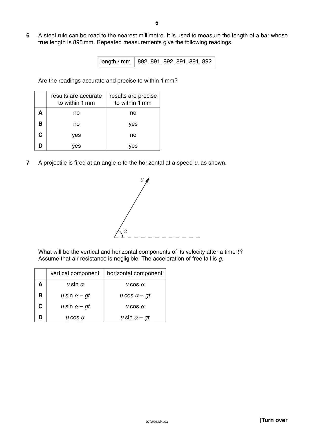 Cambridge A Level Physics 9702 2003 May/June Paper 1 · Variant 1 question paper, page 5 of 20