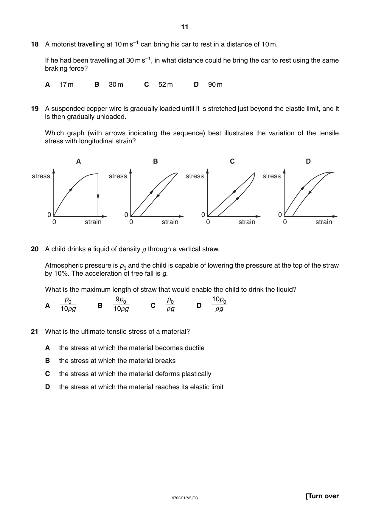 Cambridge A Level Physics 9702 2003 May/June Paper 1 · Variant 1 question paper, page 11 of 20