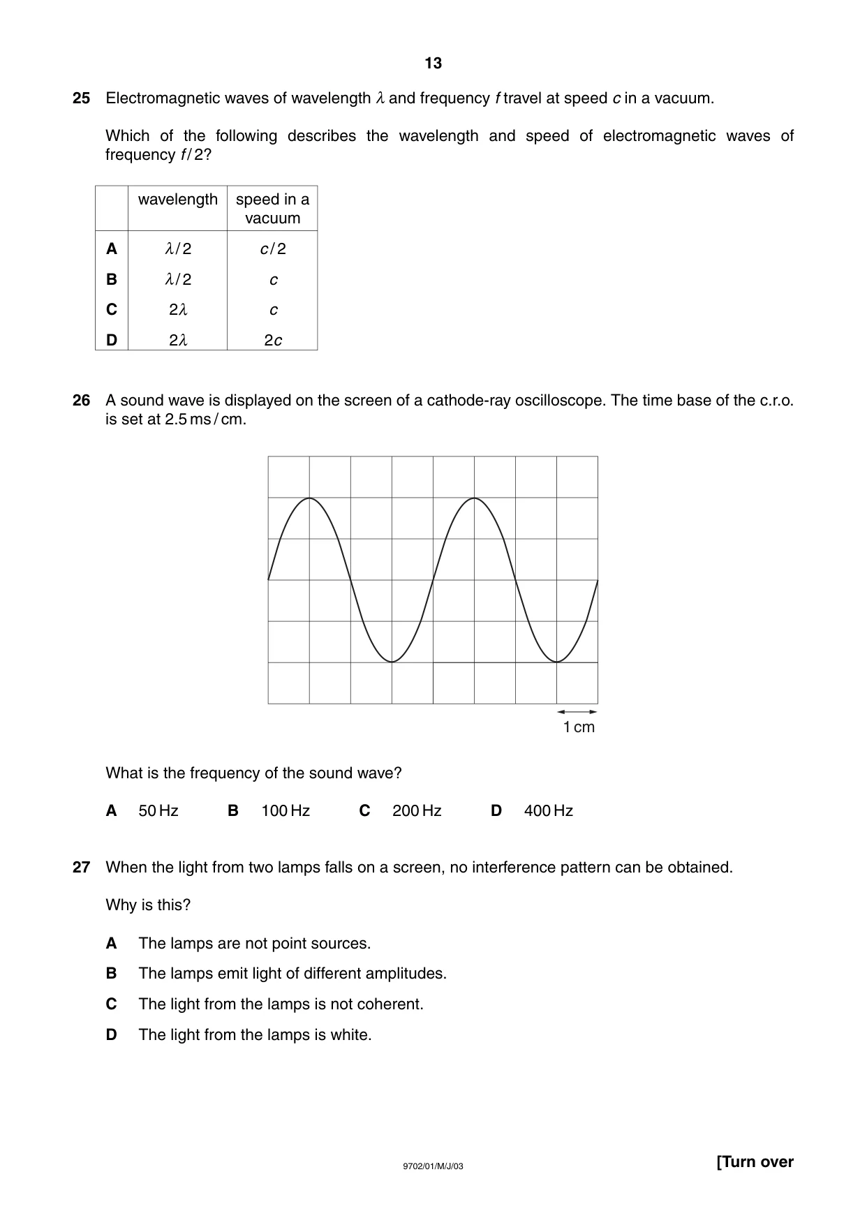Cambridge A Level Physics 9702 2003 May/June Paper 1 · Variant 1 question paper, page 13 of 20