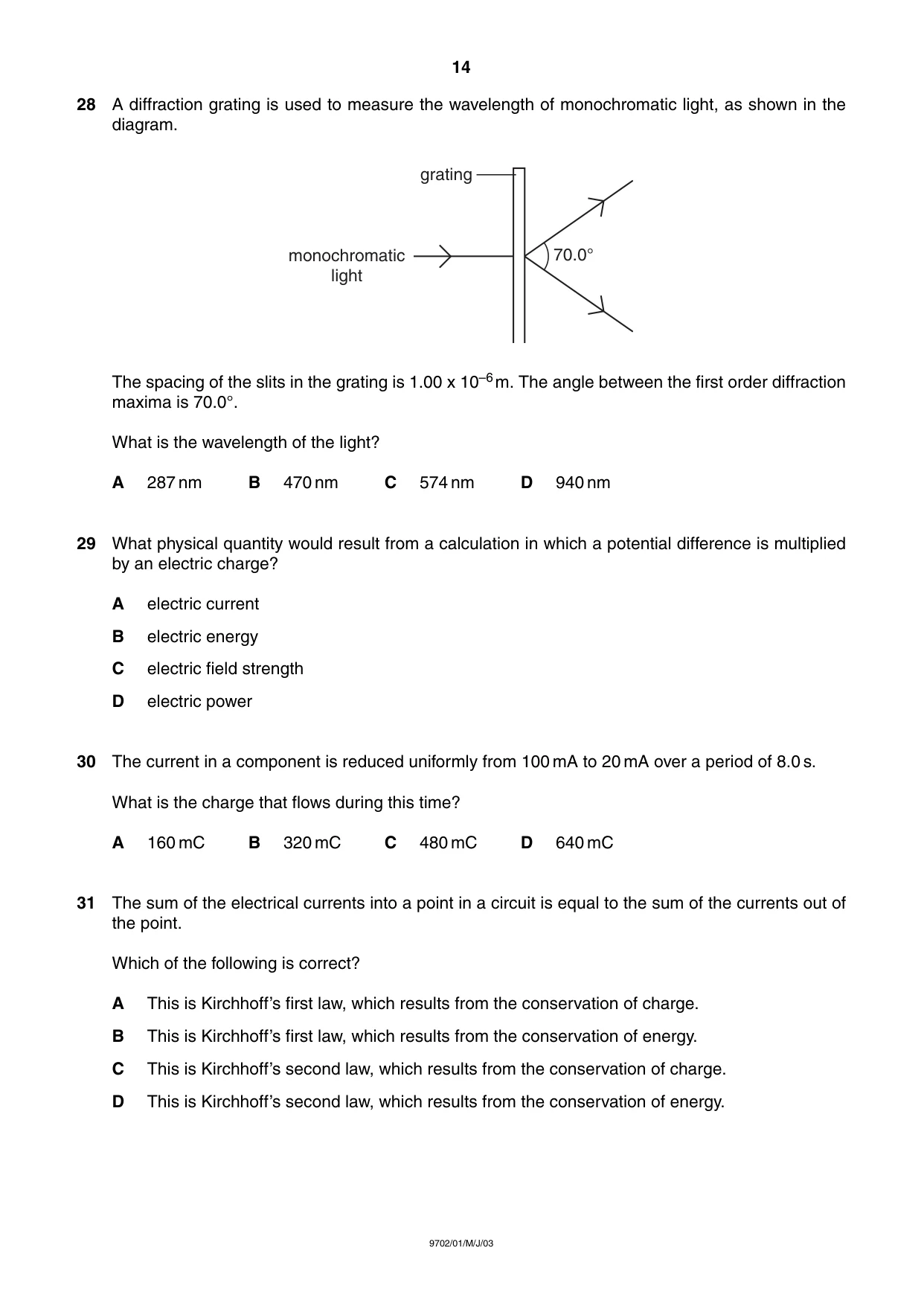 Cambridge A Level Physics 9702 2003 May/June Paper 1 · Variant 1 question paper, page 14 of 20