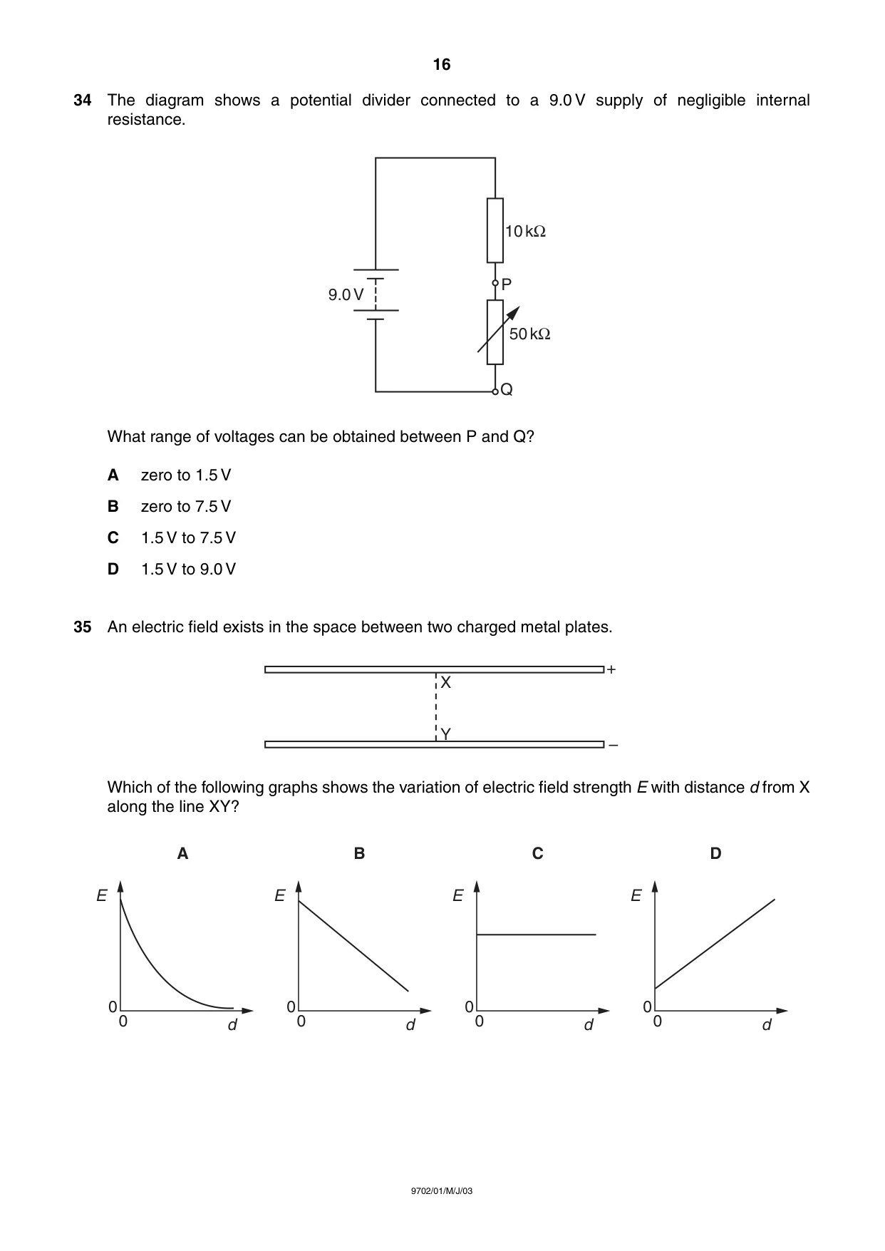 Cambridge A Level Physics 9702 2003 May/June Paper 1 · Variant 1 question paper, page 16 of 20