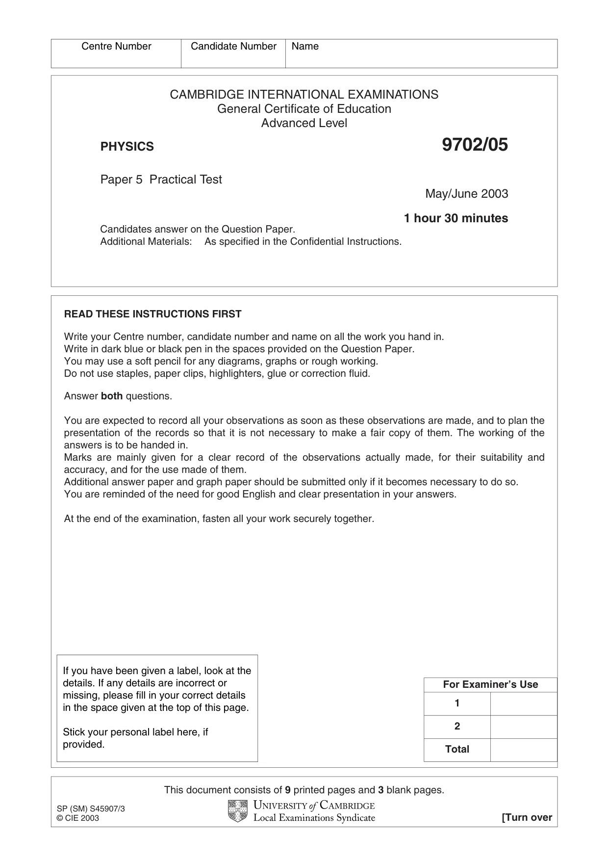Cambridge A Level Physics 9702 2003 May/June Paper 5 · Variant 1 question paper, page 1 of 12
