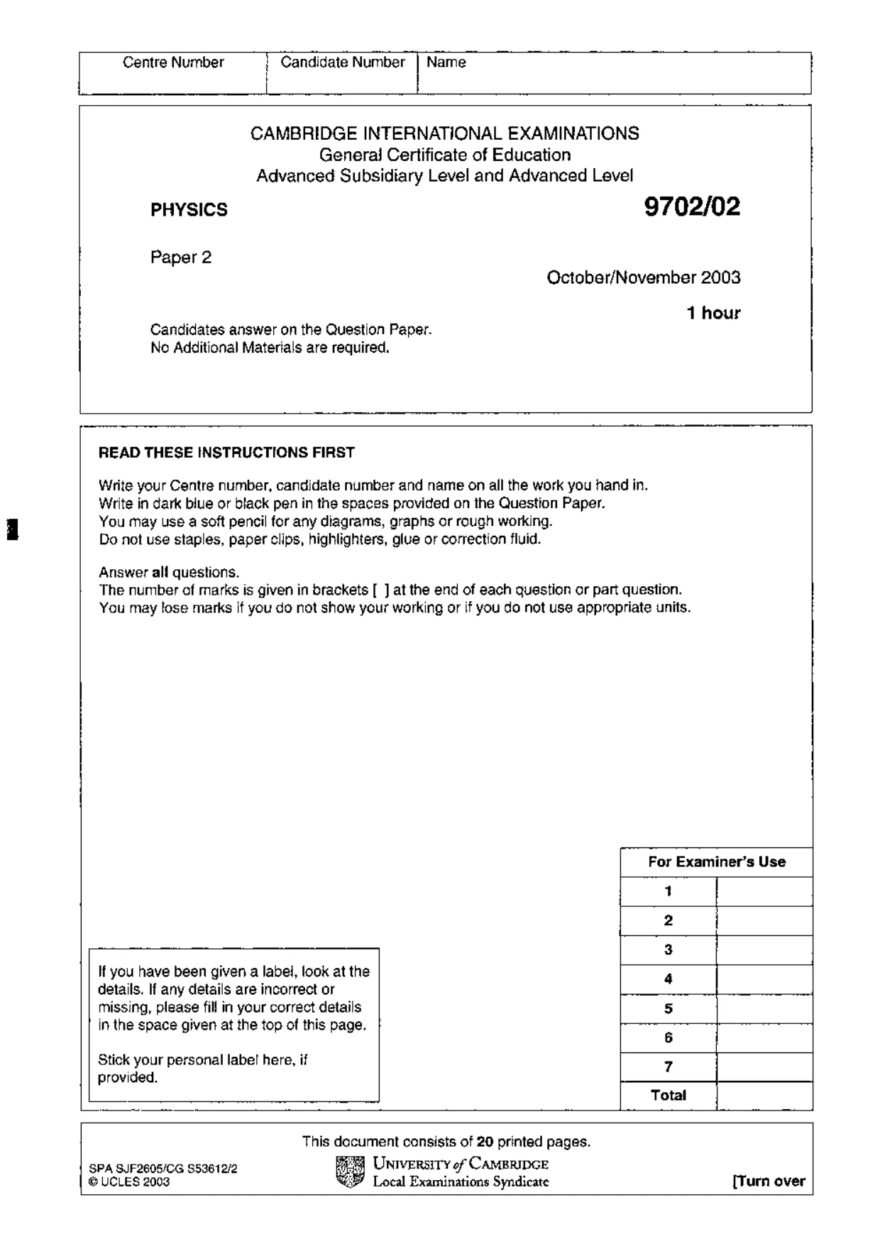 Cambridge A Level Physics 9702 2003 Oct/Nov Paper 2 · Variant 1 question paper, page 1 of 20