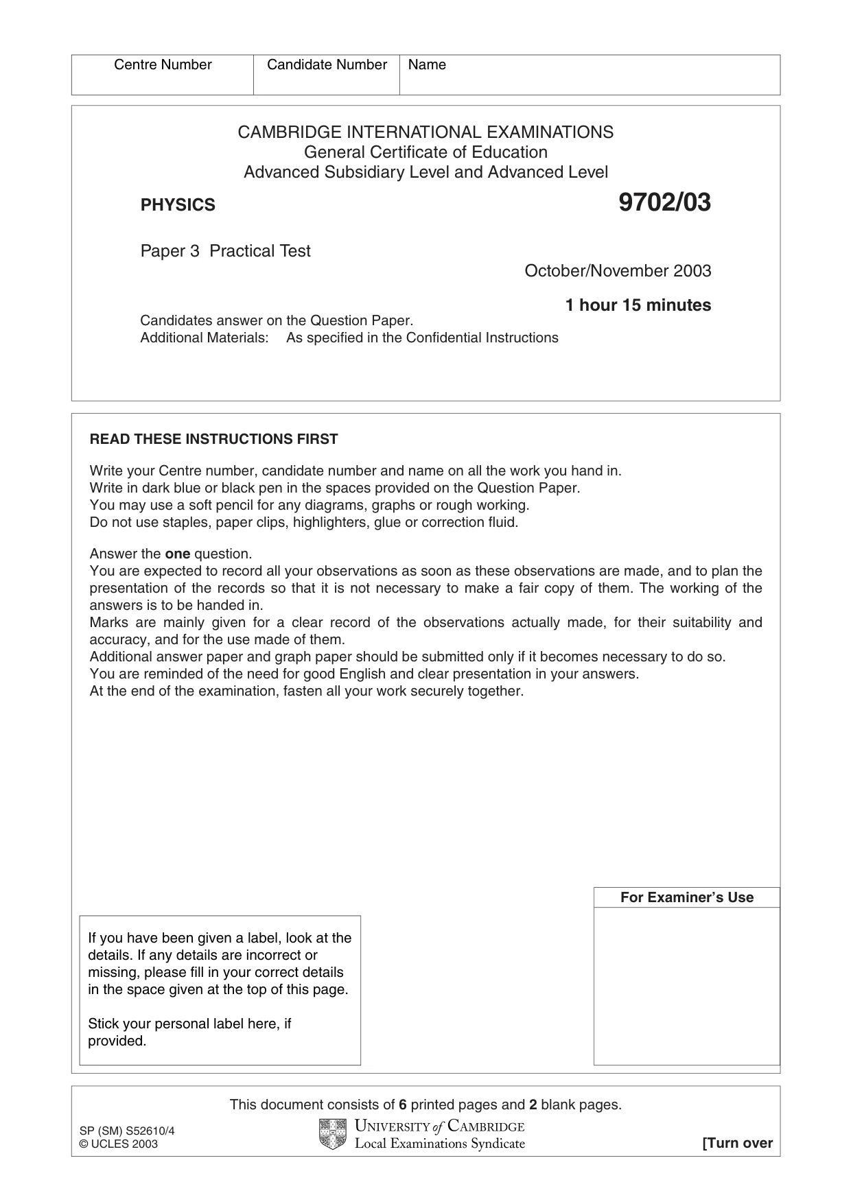 Cambridge A Level Physics 9702 2003 Oct/Nov Paper 3 · Variant 1 question paper, page 1 of 8