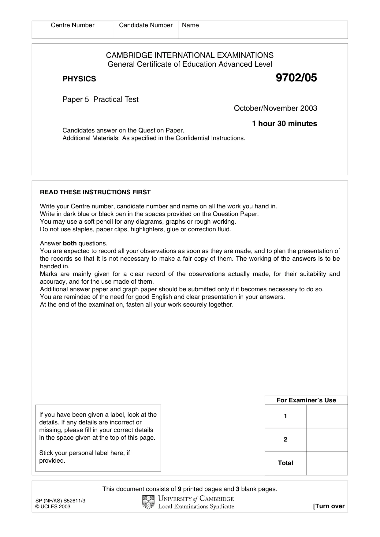 Cambridge A Level Physics 9702 2003 Oct/Nov Paper 5 · Variant 1 question paper, page 1 of 12