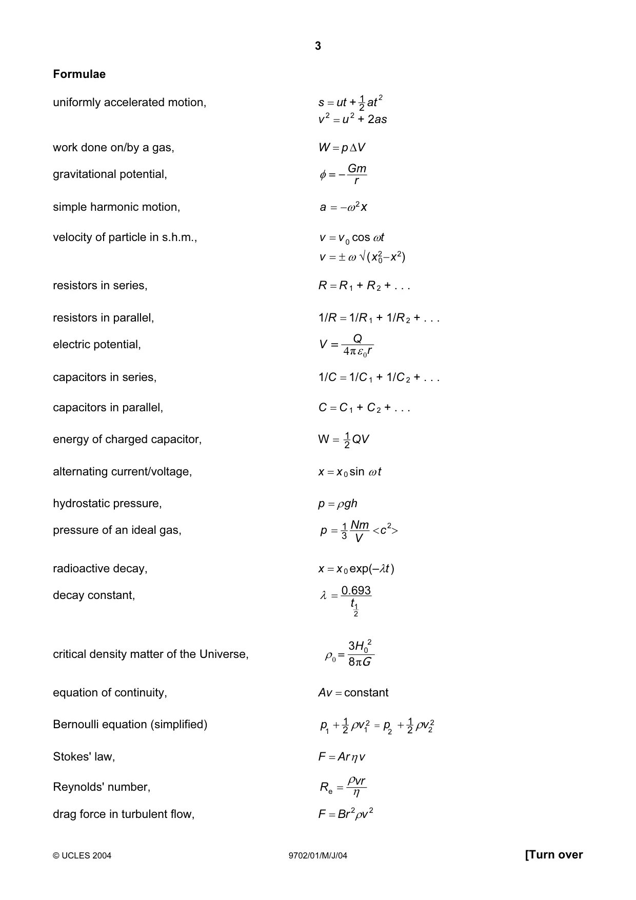 Cambridge A Level Physics 9702 2004 May/June Paper 1 · Variant 1 question paper, page 3 of 16
