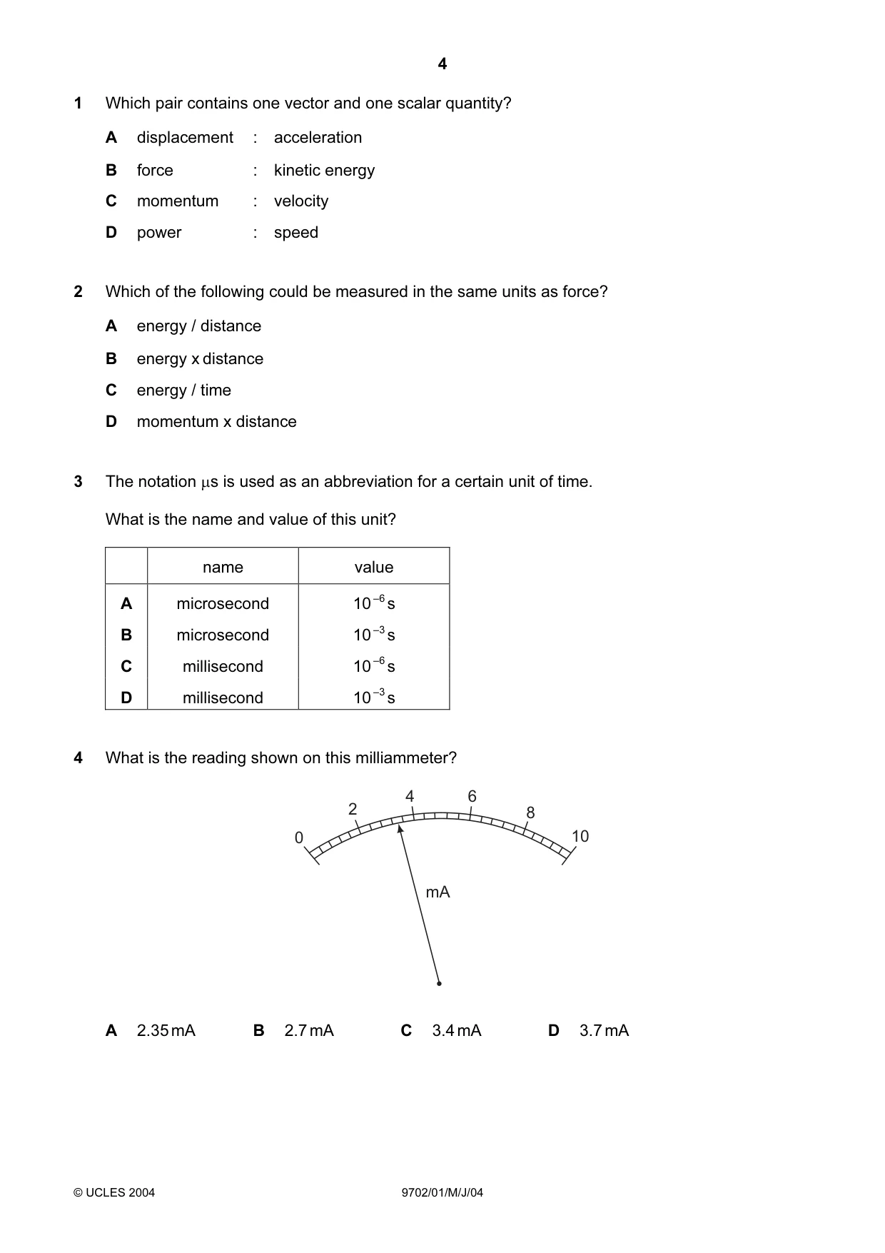 Cambridge A Level Physics 9702 2004 May/June Paper 1 · Variant 1 question paper, page 4 of 16