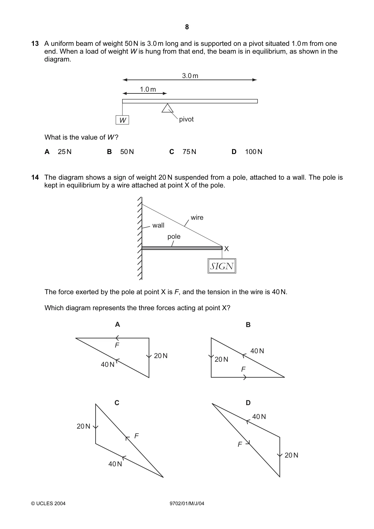 Cambridge A Level Physics 9702 2004 May/June Paper 1 · Variant 1 question paper, page 8 of 16