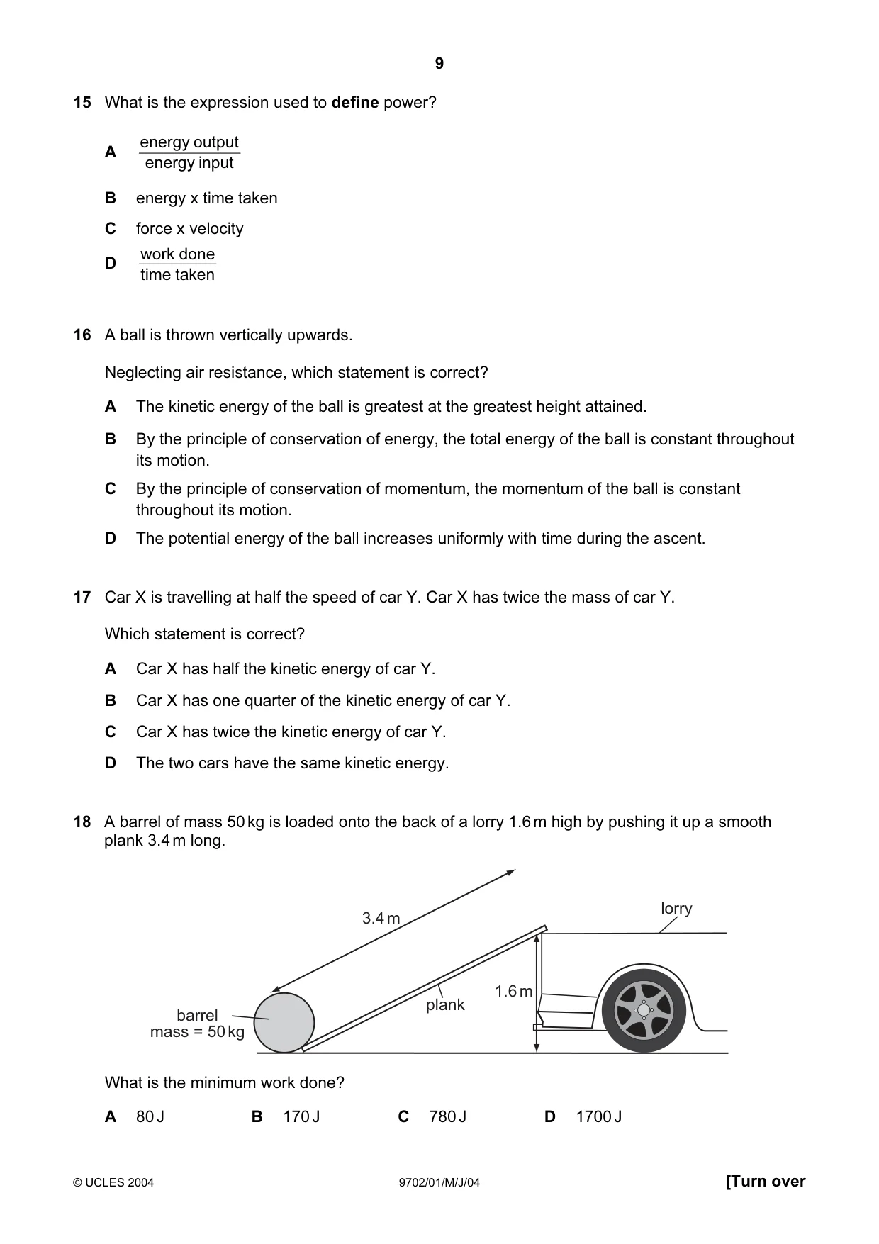 Cambridge A Level Physics 9702 2004 May/June Paper 1 · Variant 1 question paper, page 9 of 16