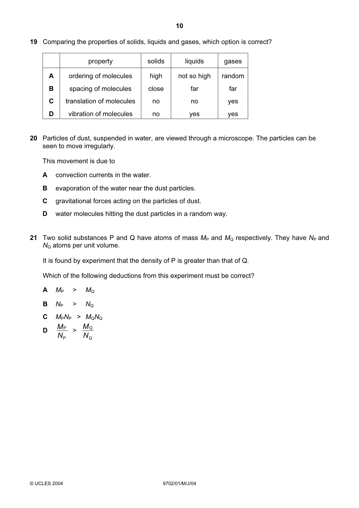 Cambridge A Level Physics 9702 2004 May/June Paper 1 · Variant 1 question paper, page 10 of 16