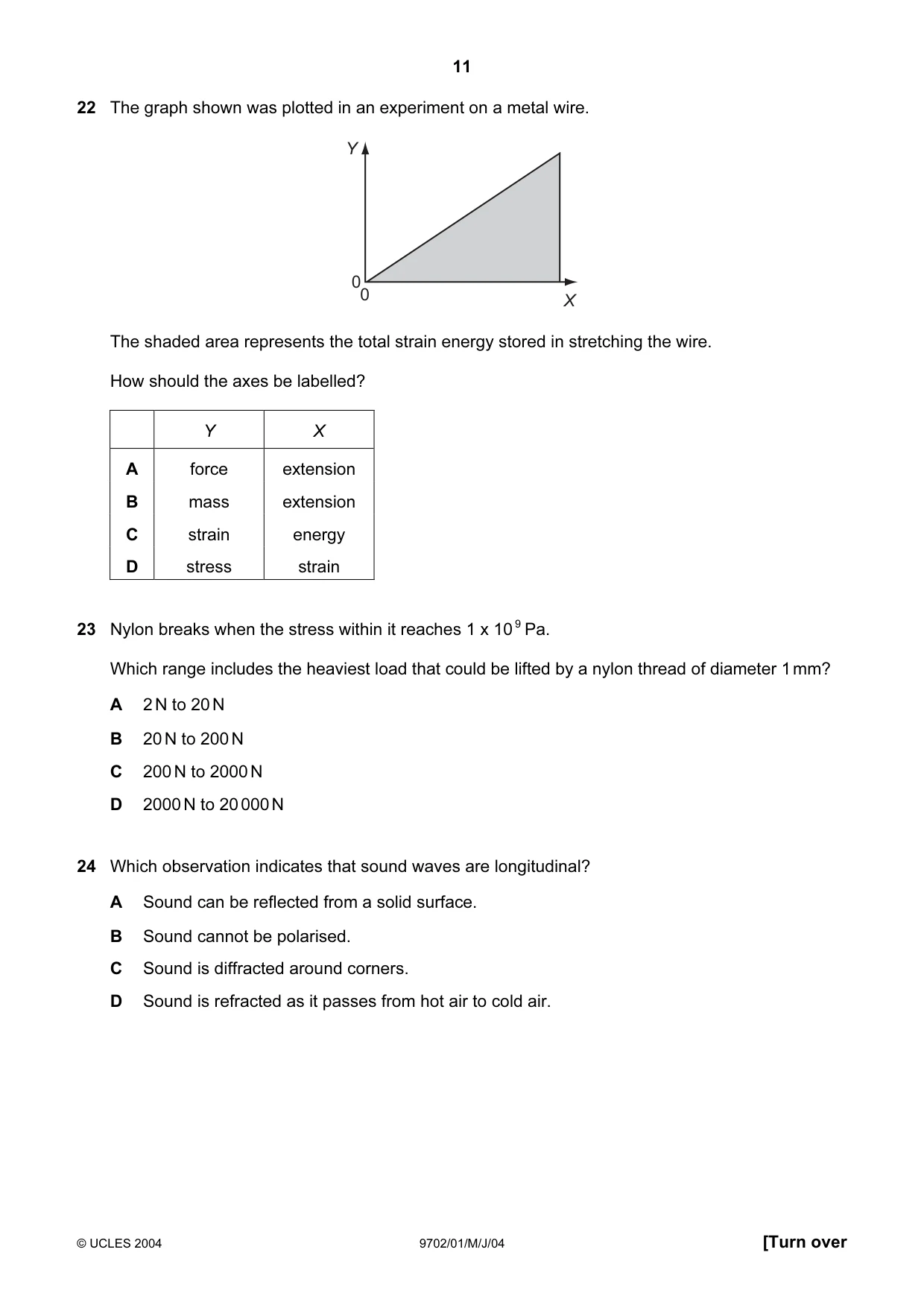 Cambridge A Level Physics 9702 2004 May/June Paper 1 · Variant 1 question paper, page 11 of 16
