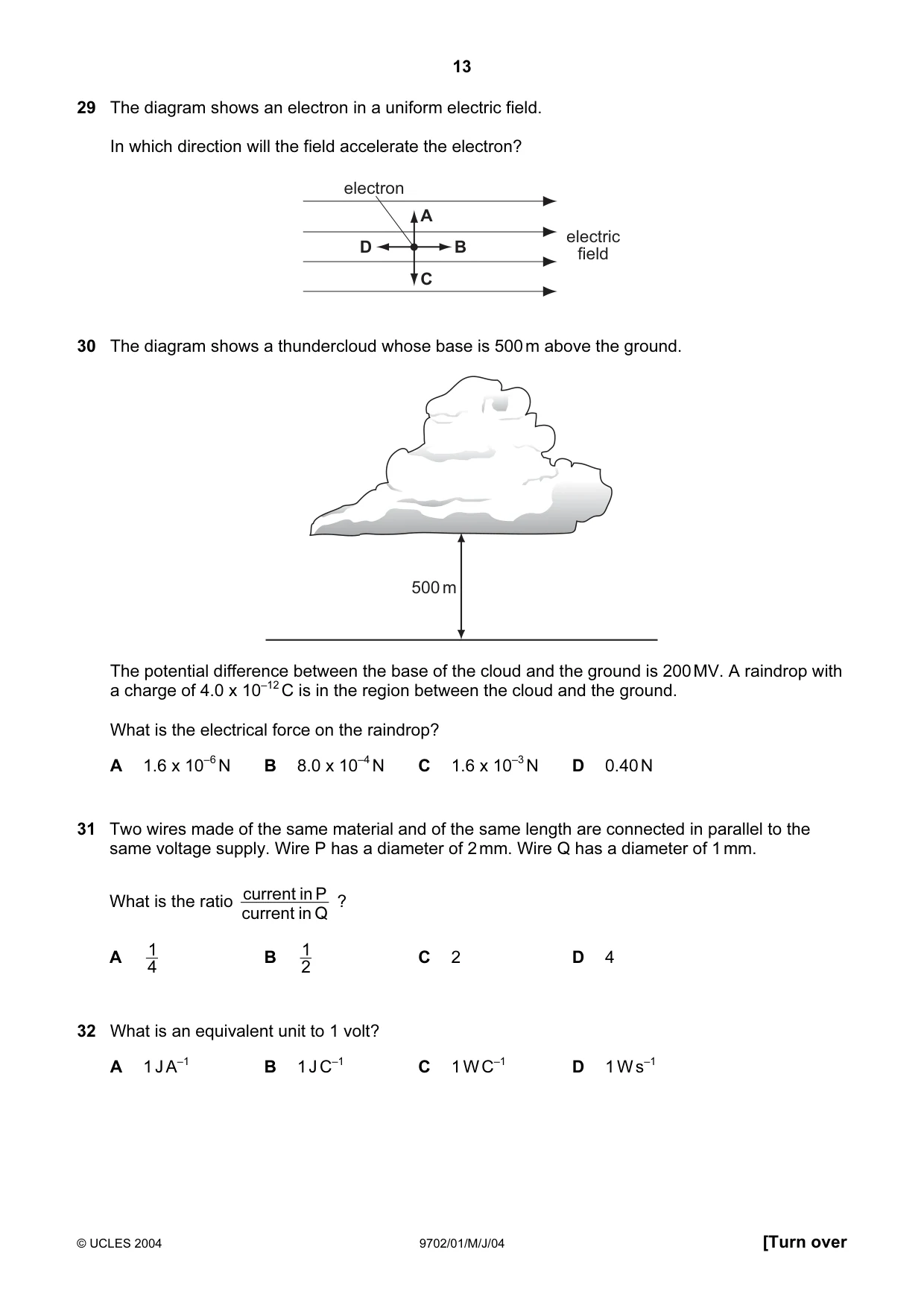Cambridge A Level Physics 9702 2004 May/June Paper 1 · Variant 1 question paper, page 13 of 16