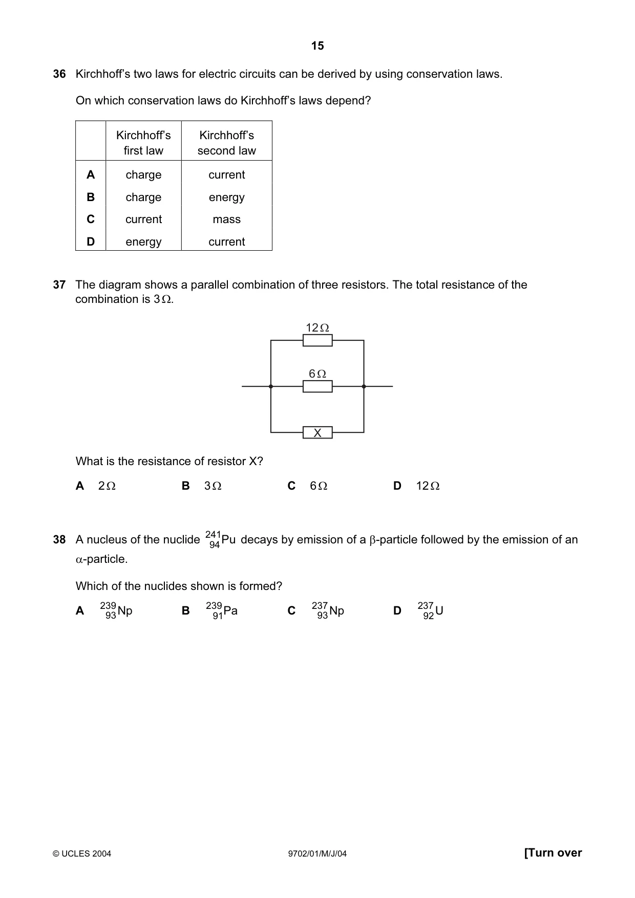 Cambridge A Level Physics 9702 2004 May/June Paper 1 · Variant 1 question paper, page 15 of 16