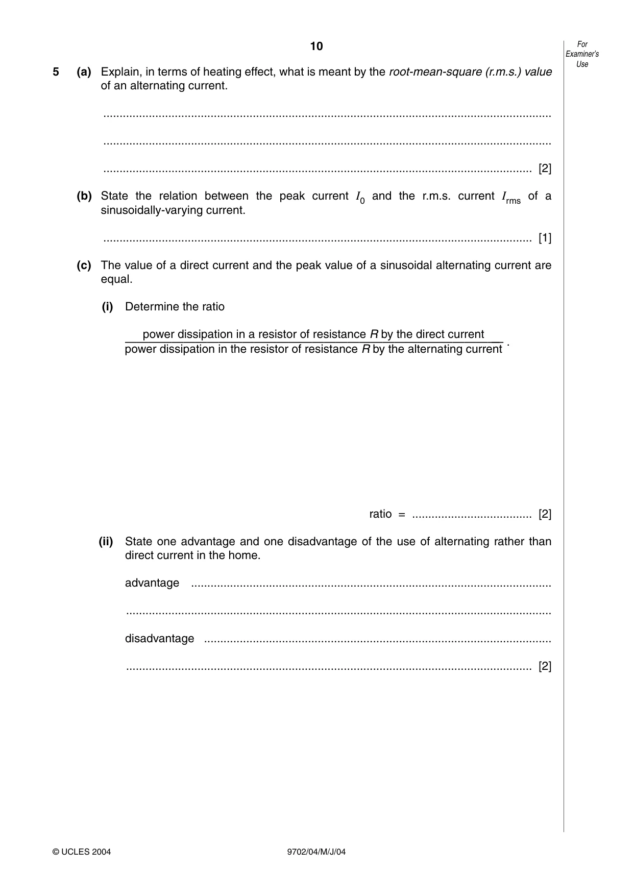 Cambridge A Level Physics 9702 2004 May/June Paper 4 · Variant 1 question paper, page 10 of 16