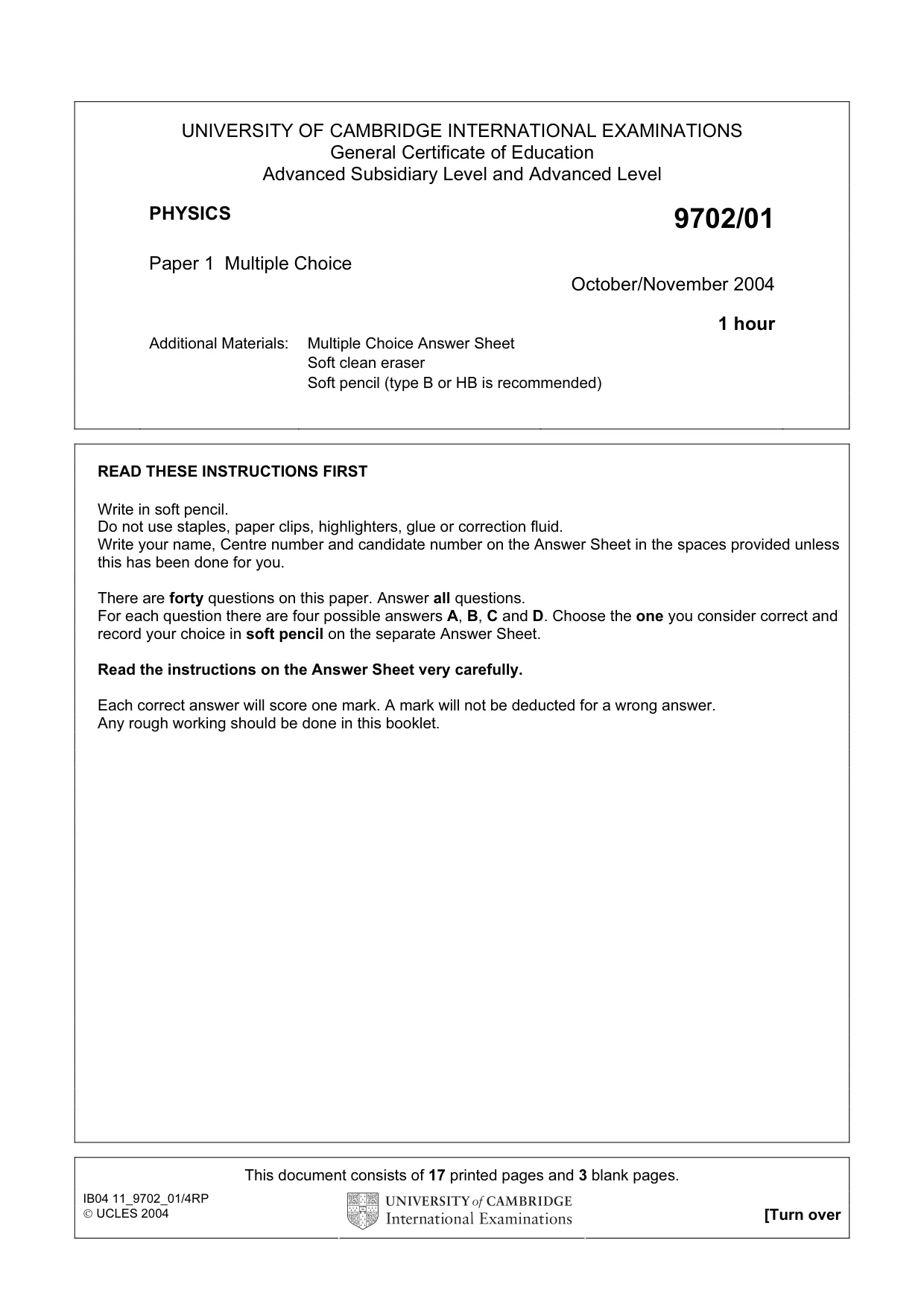 Cambridge A Level Physics 9702 2004 Oct/Nov Paper 1 · Variant 1 question paper, page 1 of 20