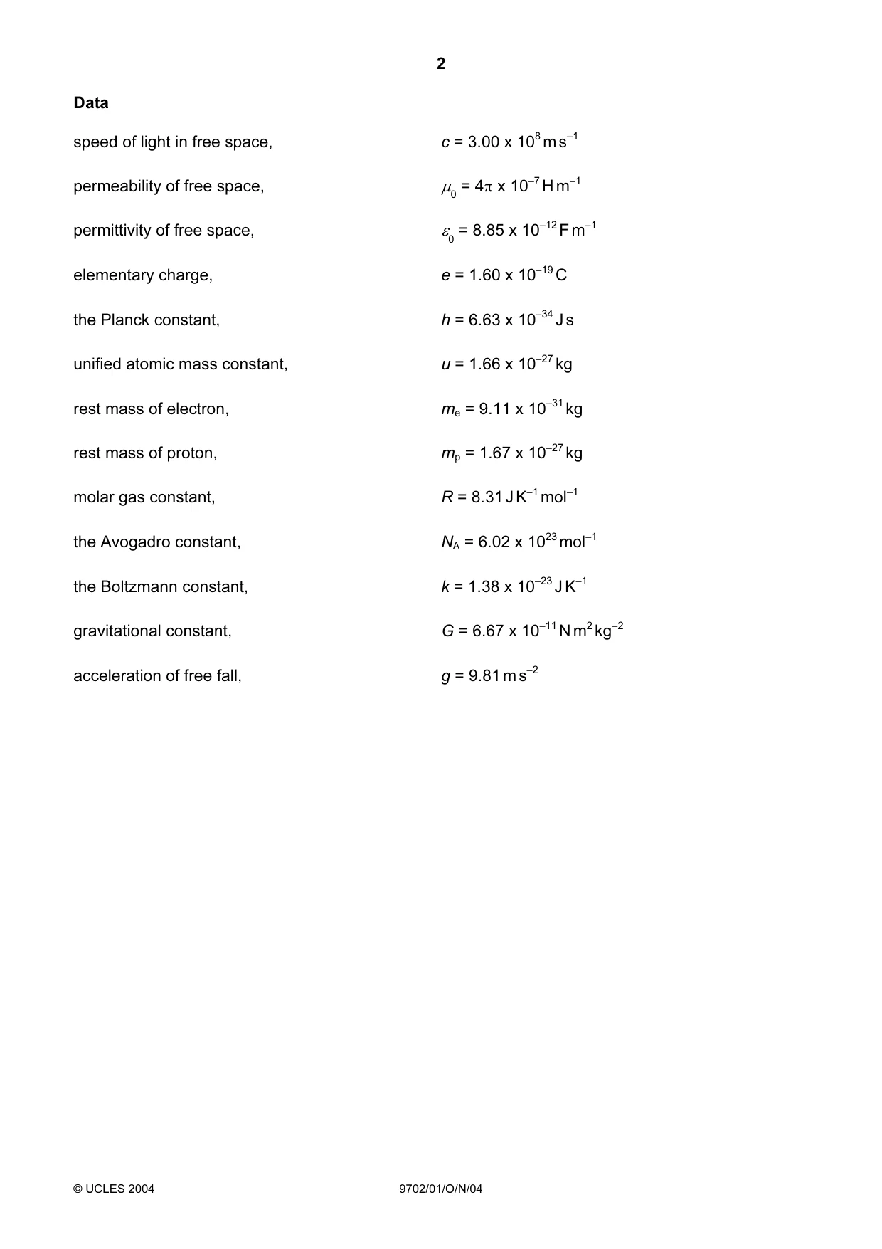 Cambridge A Level Physics 9702 2004 Oct/Nov Paper 1 · Variant 1 question paper, page 2 of 20