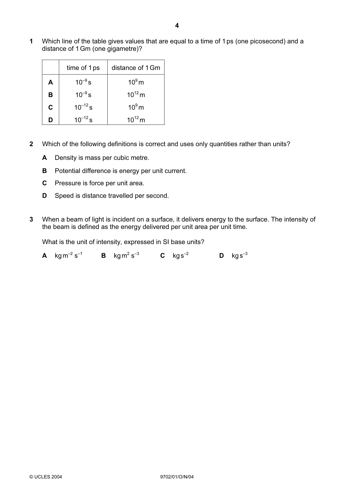 Cambridge A Level Physics 9702 2004 Oct/Nov Paper 1 · Variant 1 question paper, page 4 of 20