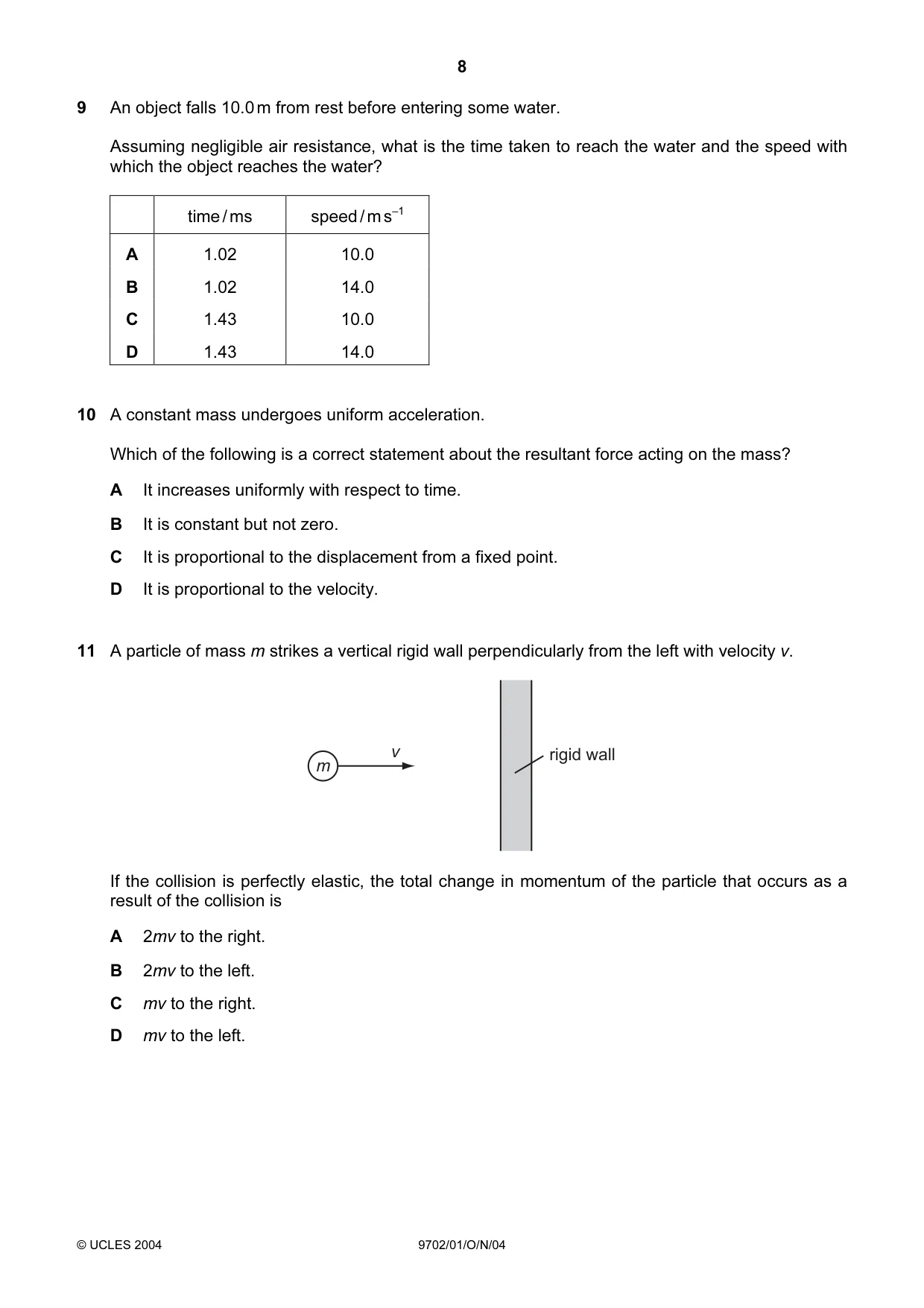 Cambridge A Level Physics 9702 2004 Oct/Nov Paper 1 · Variant 1 question paper, page 8 of 20