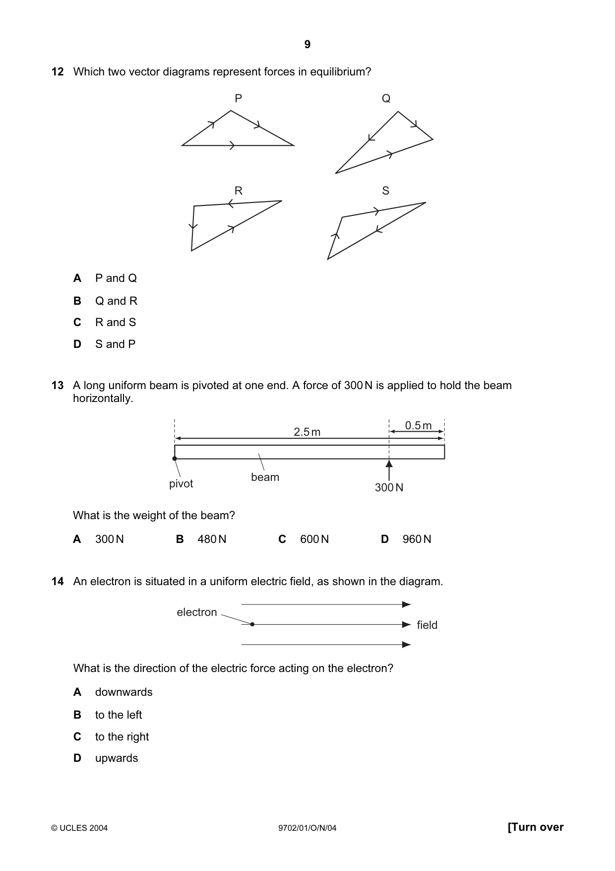 Cambridge A Level Physics 9702 2004 Oct/Nov Paper 1 · Variant 1 question paper, page 9 of 20