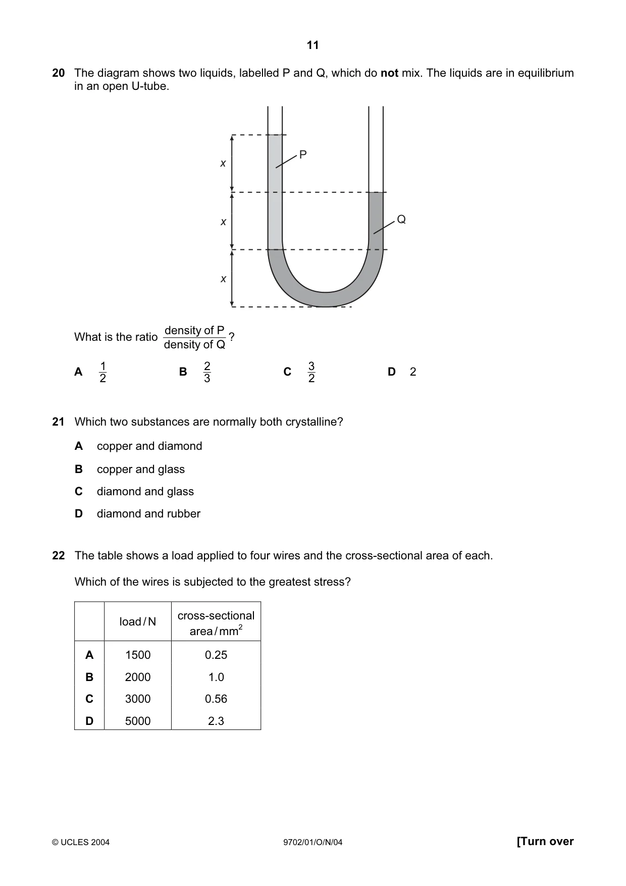 Cambridge A Level Physics 9702 2004 Oct/Nov Paper 1 · Variant 1 question paper, page 11 of 20