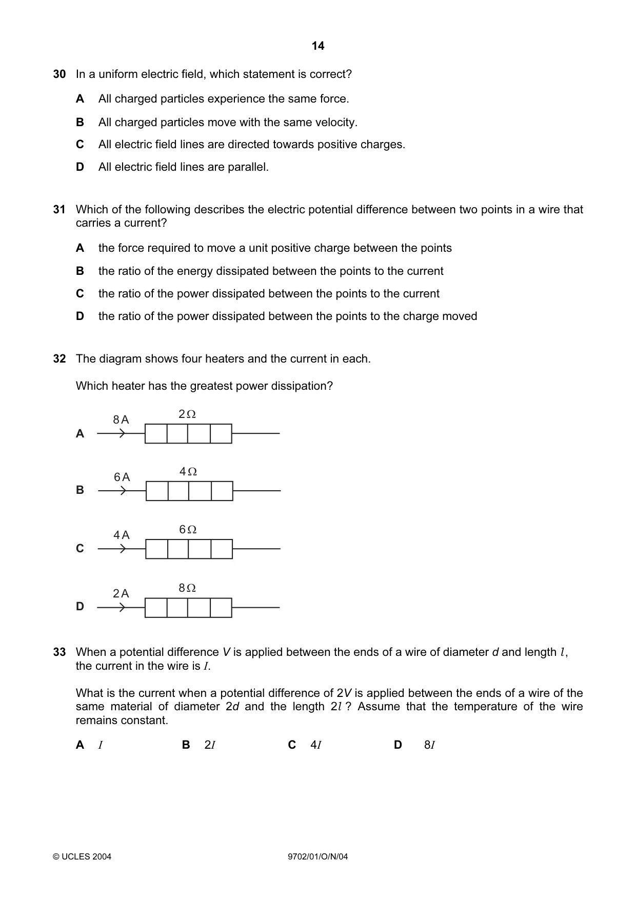 Cambridge A Level Physics 9702 2004 Oct/Nov Paper 1 · Variant 1 question paper, page 14 of 20