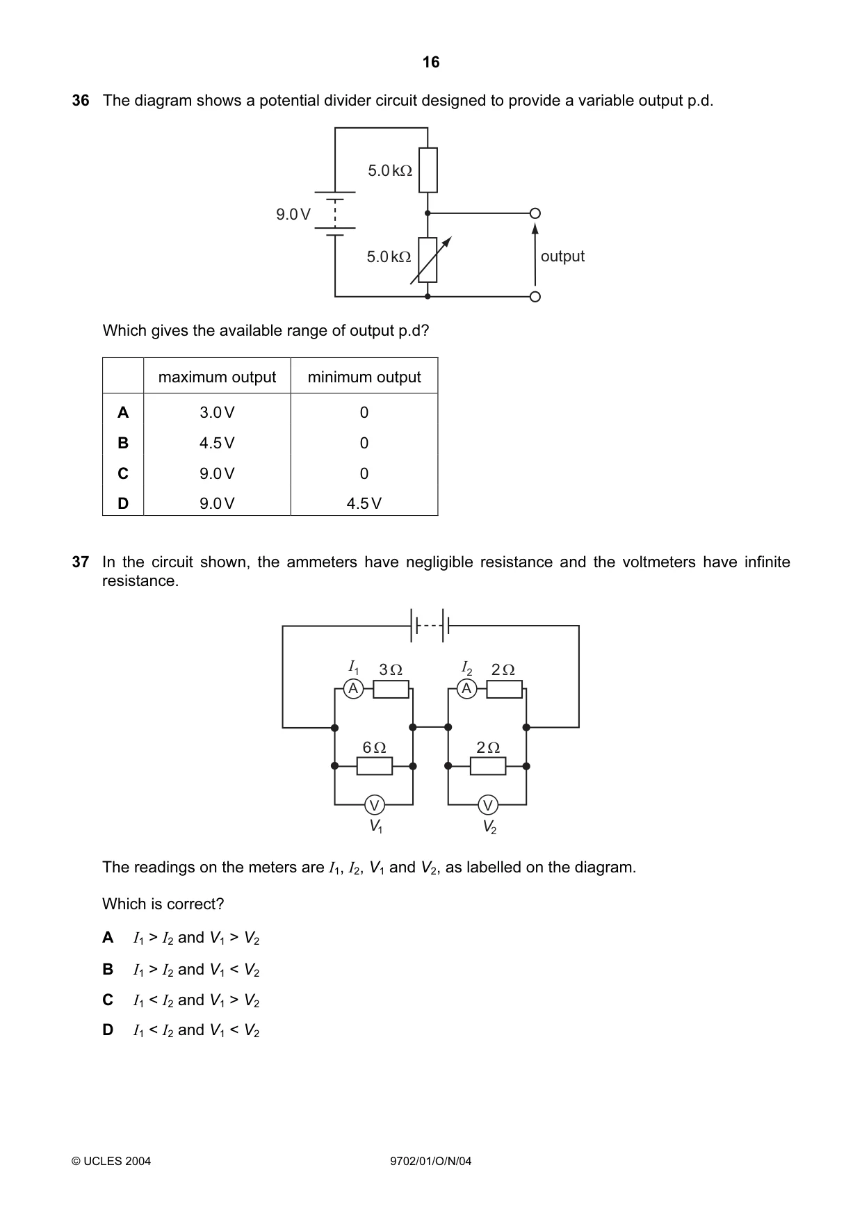 Cambridge A Level Physics 9702 2004 Oct/Nov Paper 1 · Variant 1 question paper, page 16 of 20