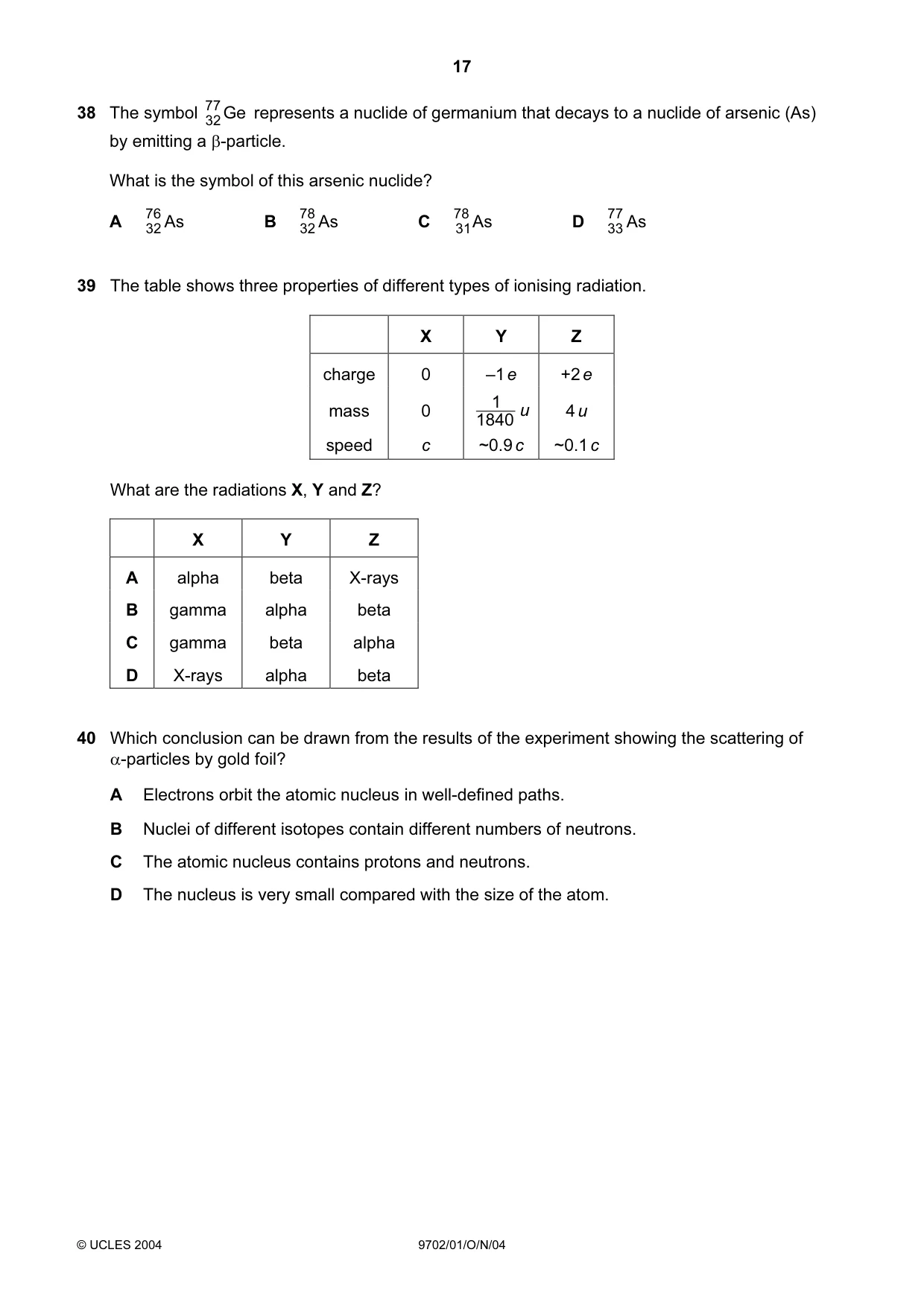 Cambridge A Level Physics 9702 2004 Oct/Nov Paper 1 · Variant 1 question paper, page 17 of 20