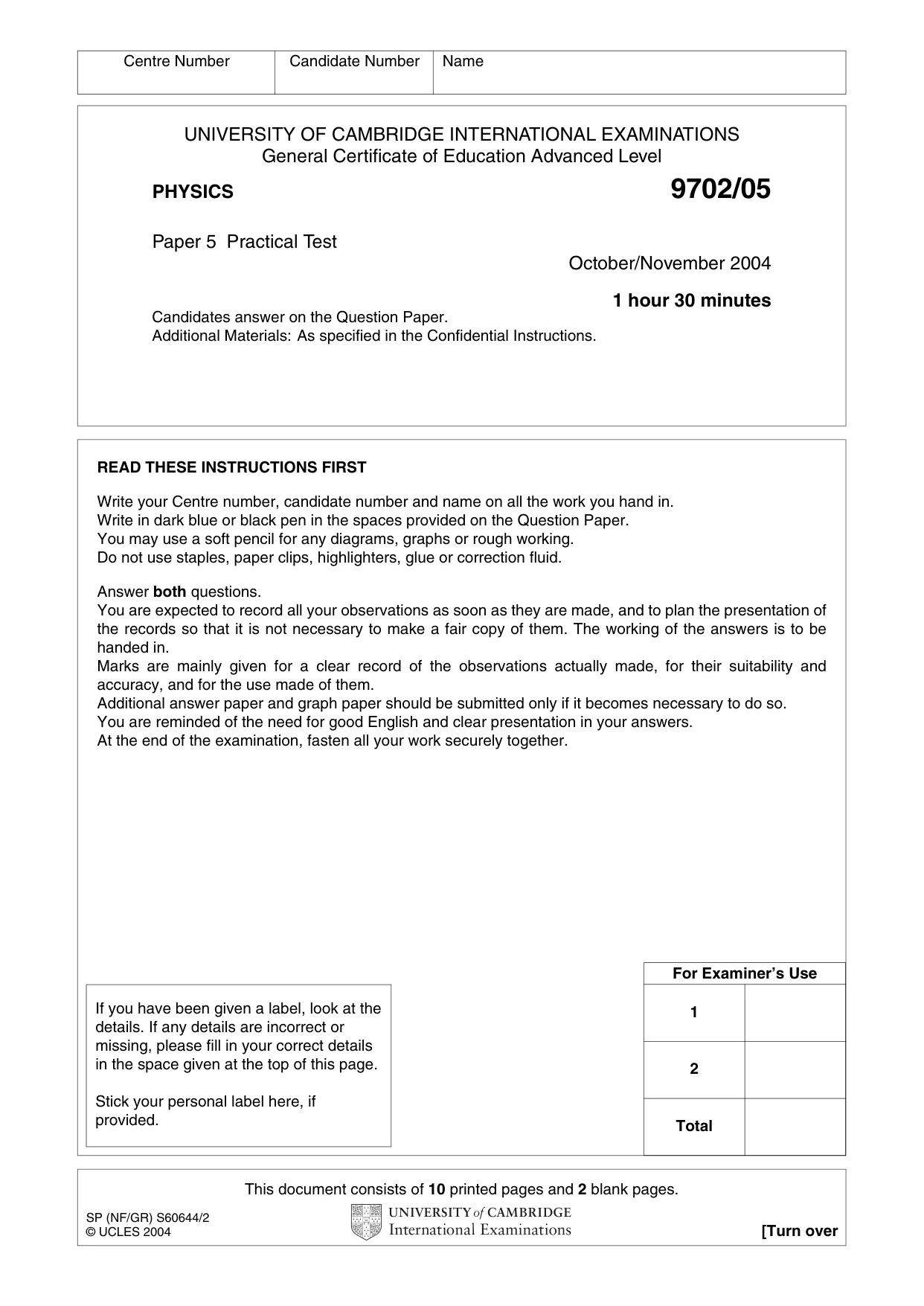 Cambridge A Level Physics 9702 2004 Oct/Nov Paper 5 · Variant 1 question paper, page 1 of 12