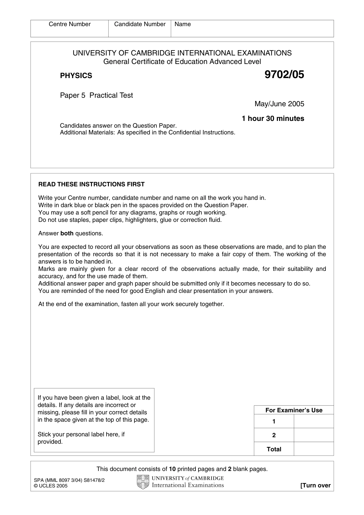 Cambridge A Level Physics 9702 2005 May/June Paper 5 · Variant 1 question paper, page 1 of 12