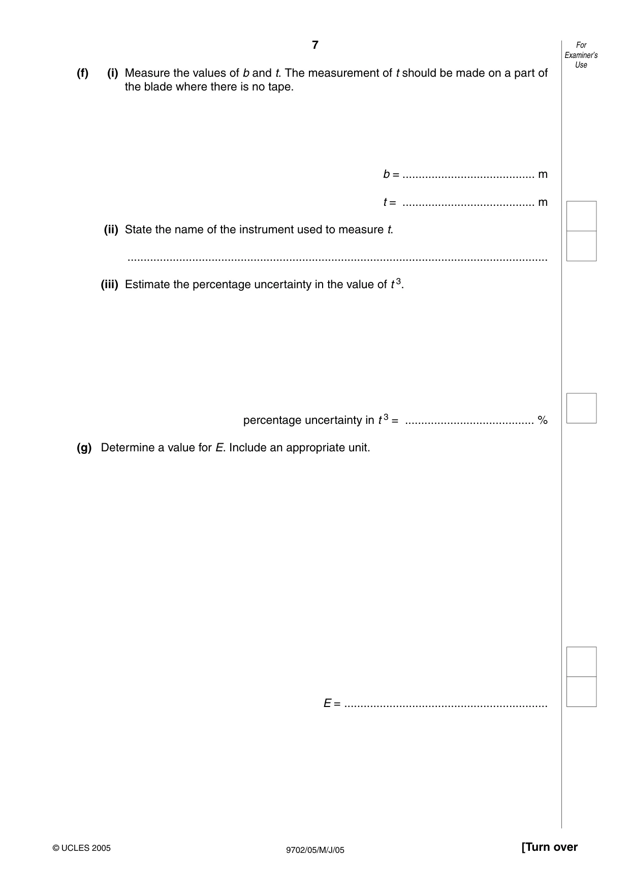 Cambridge A Level Physics 9702 2005 May/June Paper 5 · Variant 1 question paper, page 7 of 12