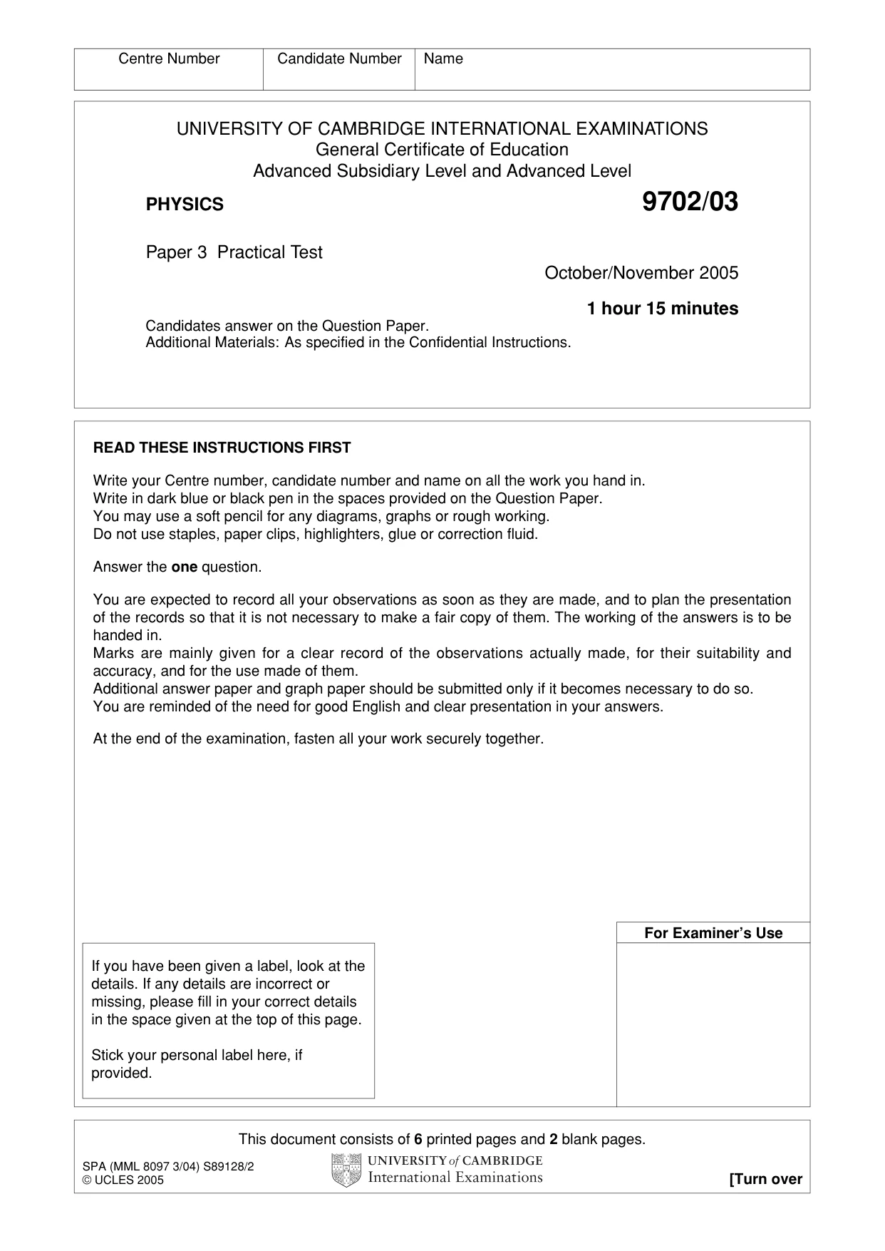 Cambridge A Level Physics 9702 2005 Oct/Nov Paper 3 · Variant 1 question paper, page 1 of 8