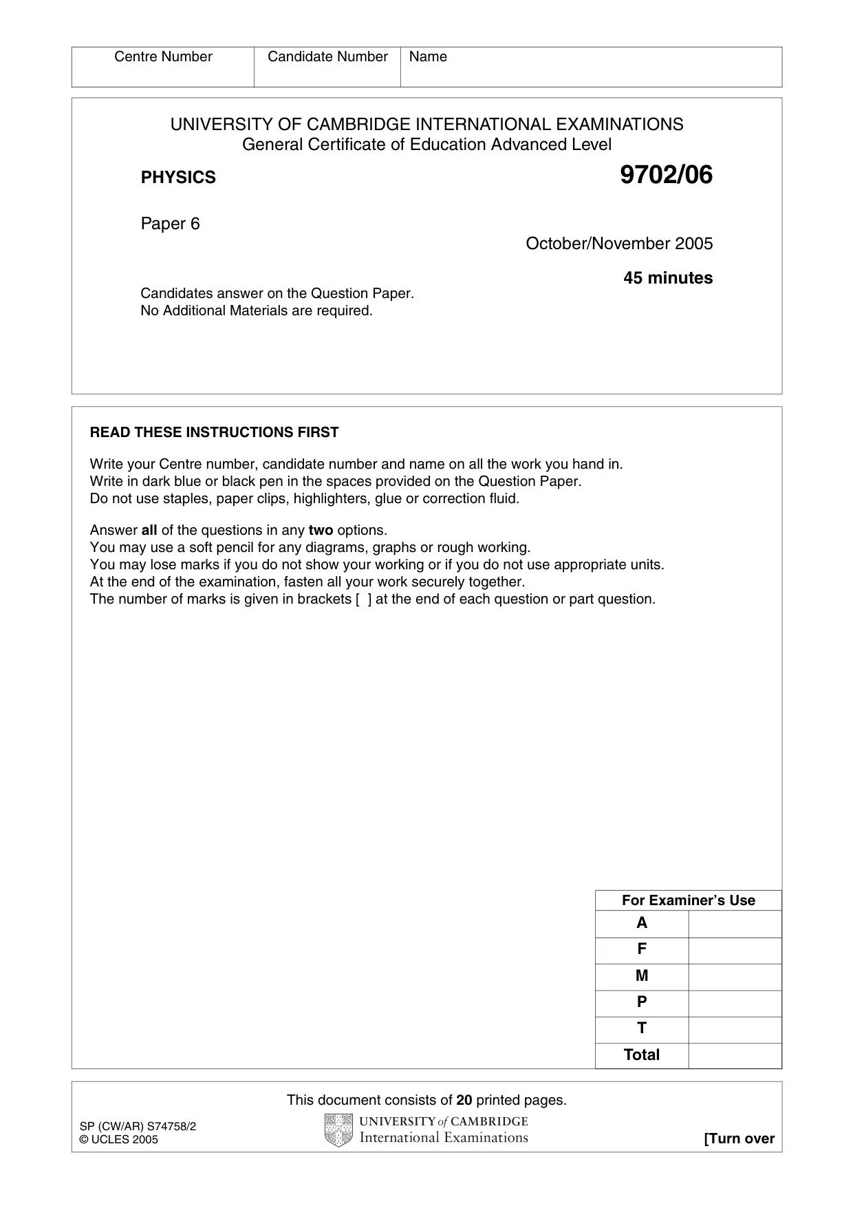 Cambridge A Level Physics 9702 2005 Oct/Nov Paper 6 · Variant 1 question paper, page 1 of 20