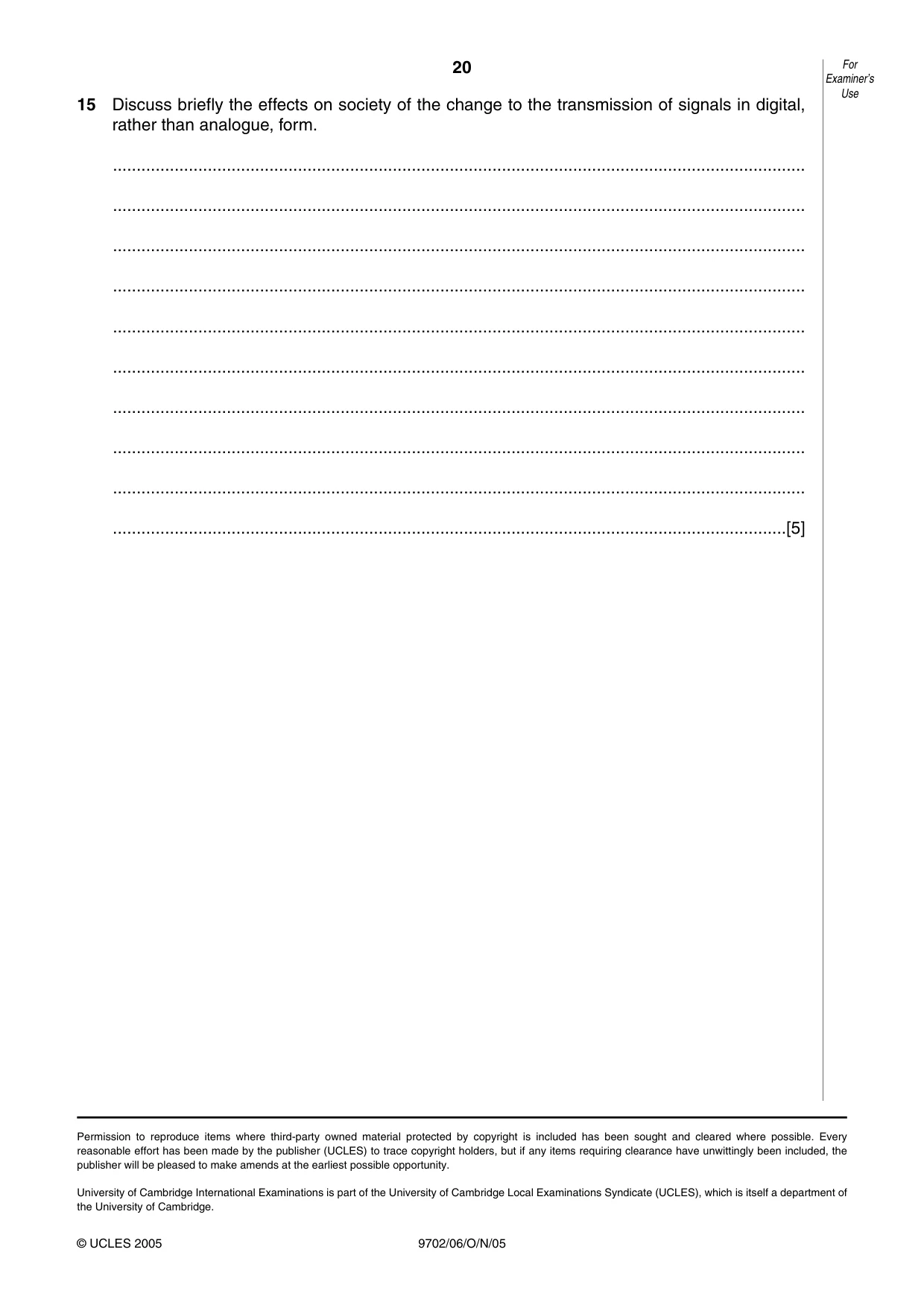 Cambridge A Level Physics 9702 2005 Oct/Nov Paper 6 · Variant 1 question paper, page 20 of 20
