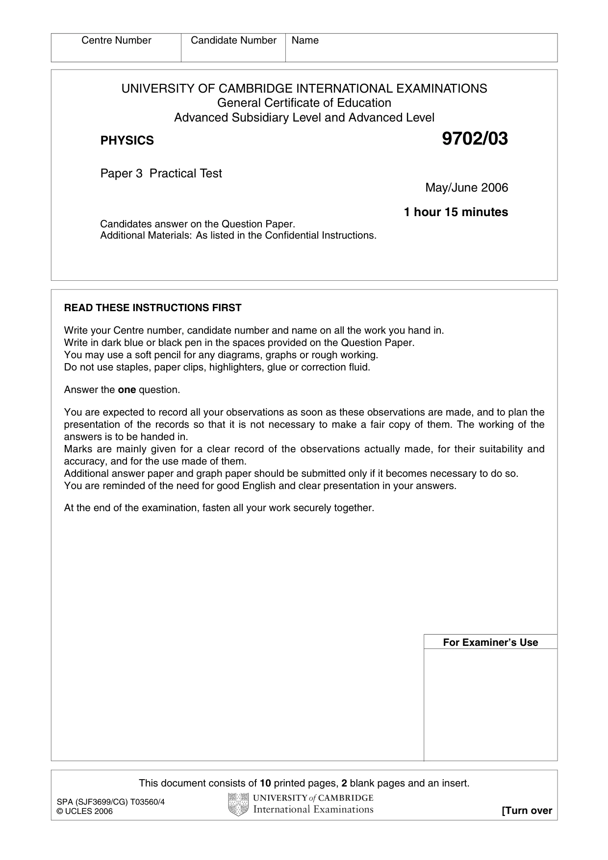 Cambridge A Level Physics 9702 2006 May/June Paper 3 · Variant 1 question paper, page 1 of 12