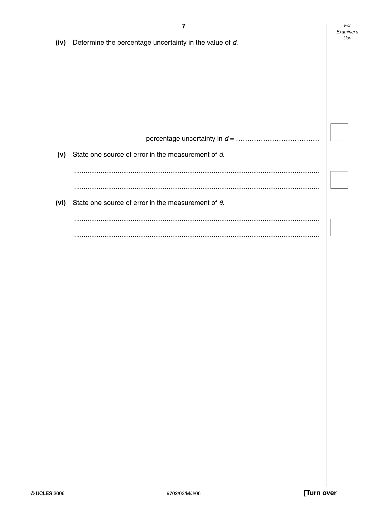 Cambridge A Level Physics 9702 2006 May/June Paper 3 · Variant 1 question paper, page 7 of 12