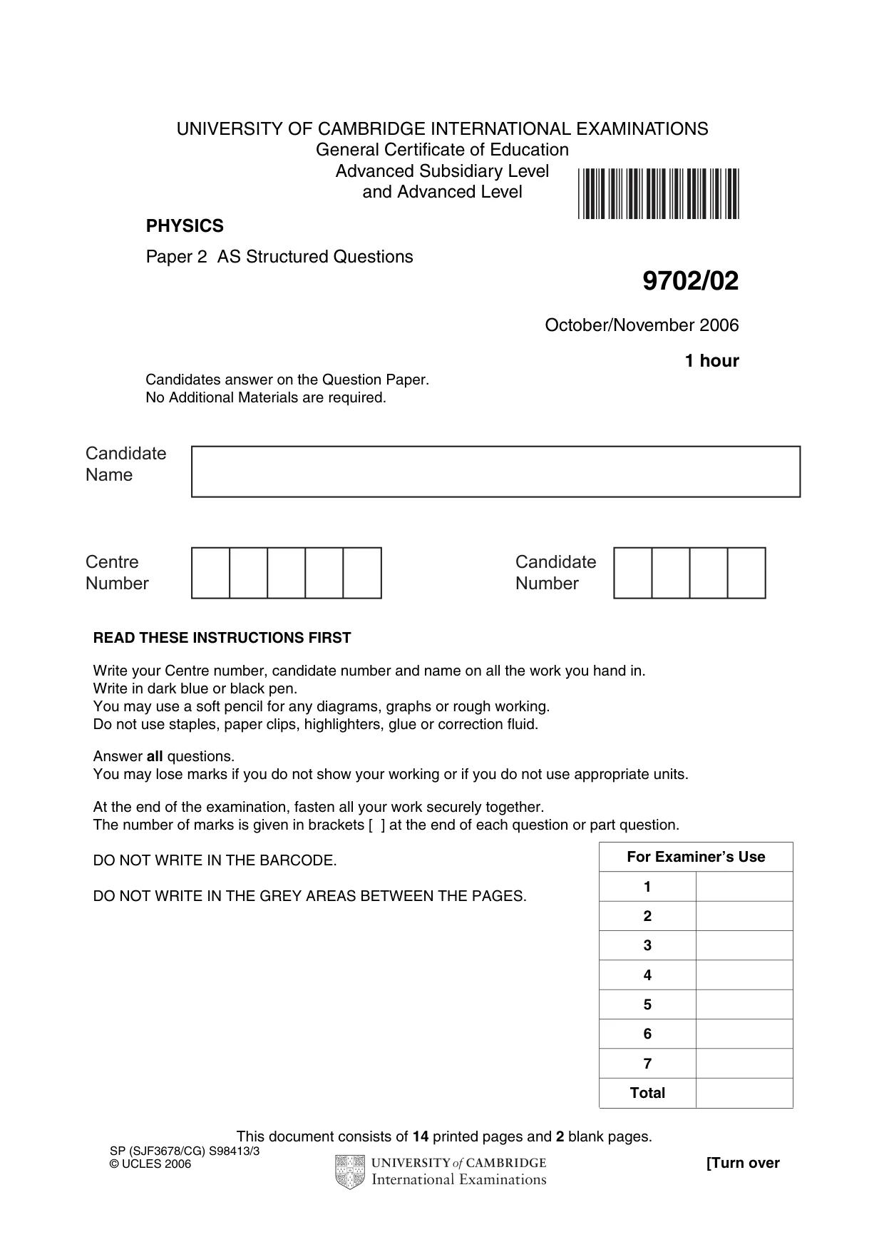 Cambridge A Level Physics 9702 2006 Oct/Nov Paper 2 · Variant 1 question paper, page 1 of 16