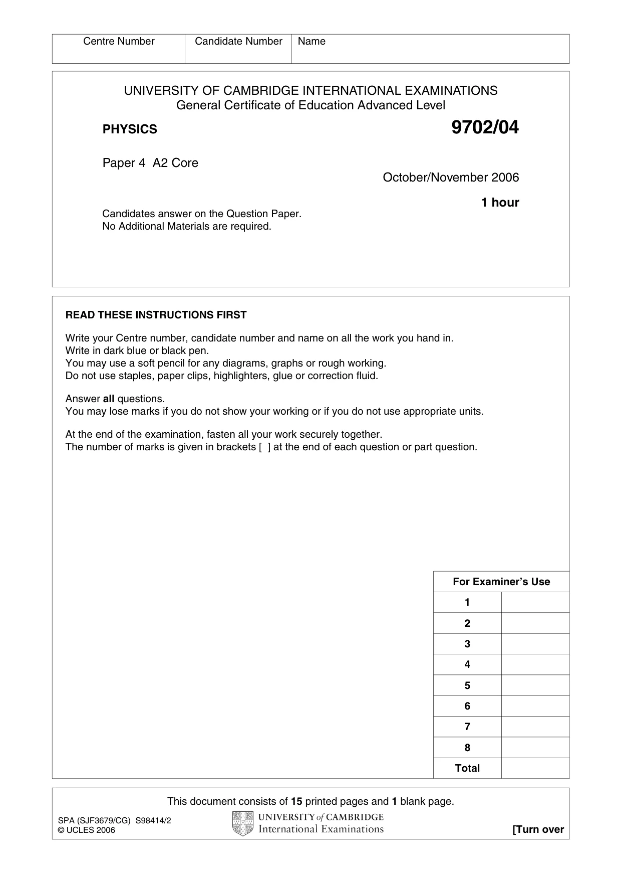 Cambridge A Level Physics 9702 2006 Oct/Nov Paper 4 · Variant 1 question paper, page 1 of 16