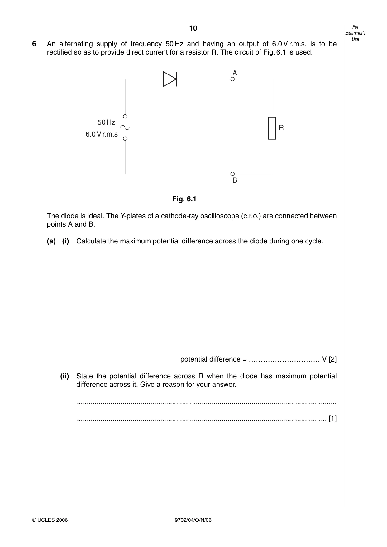 Cambridge A Level Physics 9702 2006 Oct/Nov Paper 4 · Variant 1 question paper, page 10 of 16