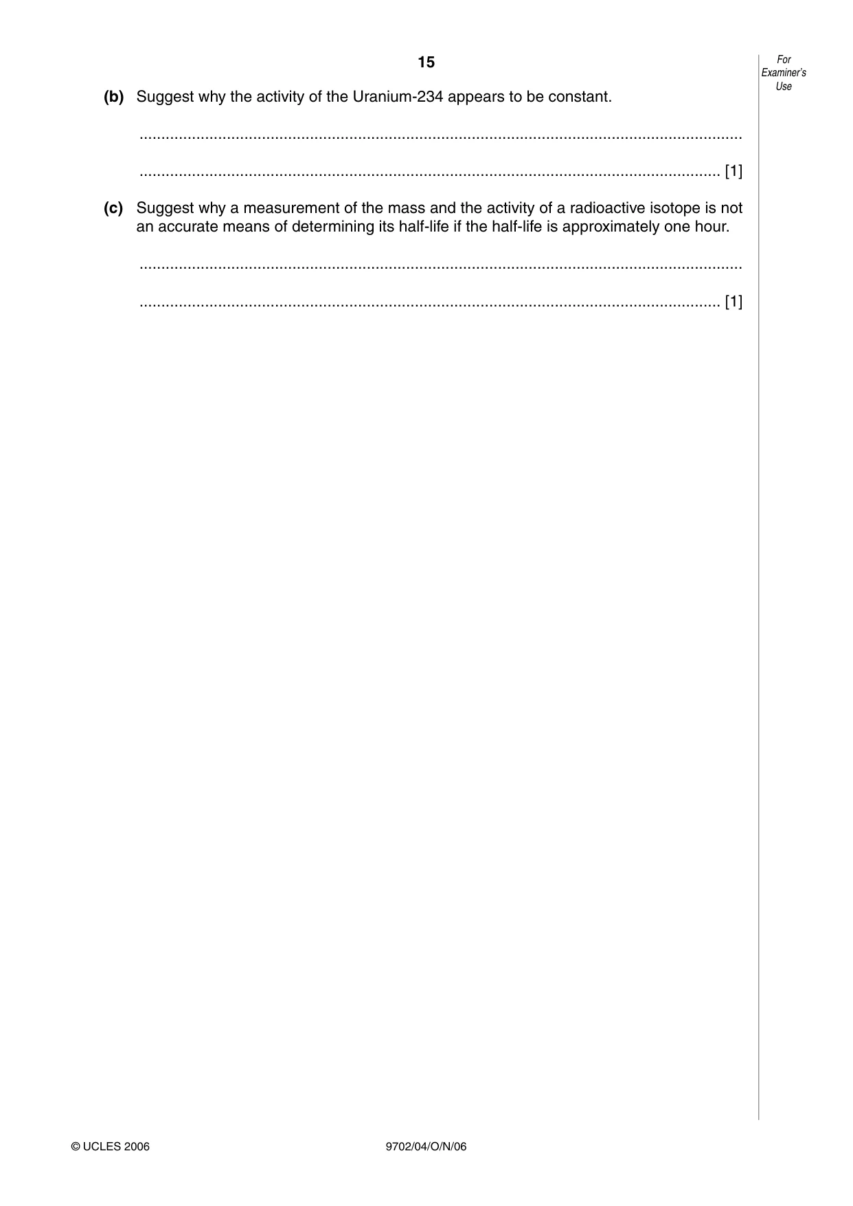 Cambridge A Level Physics 9702 2006 Oct/Nov Paper 4 · Variant 1 question paper, page 15 of 16