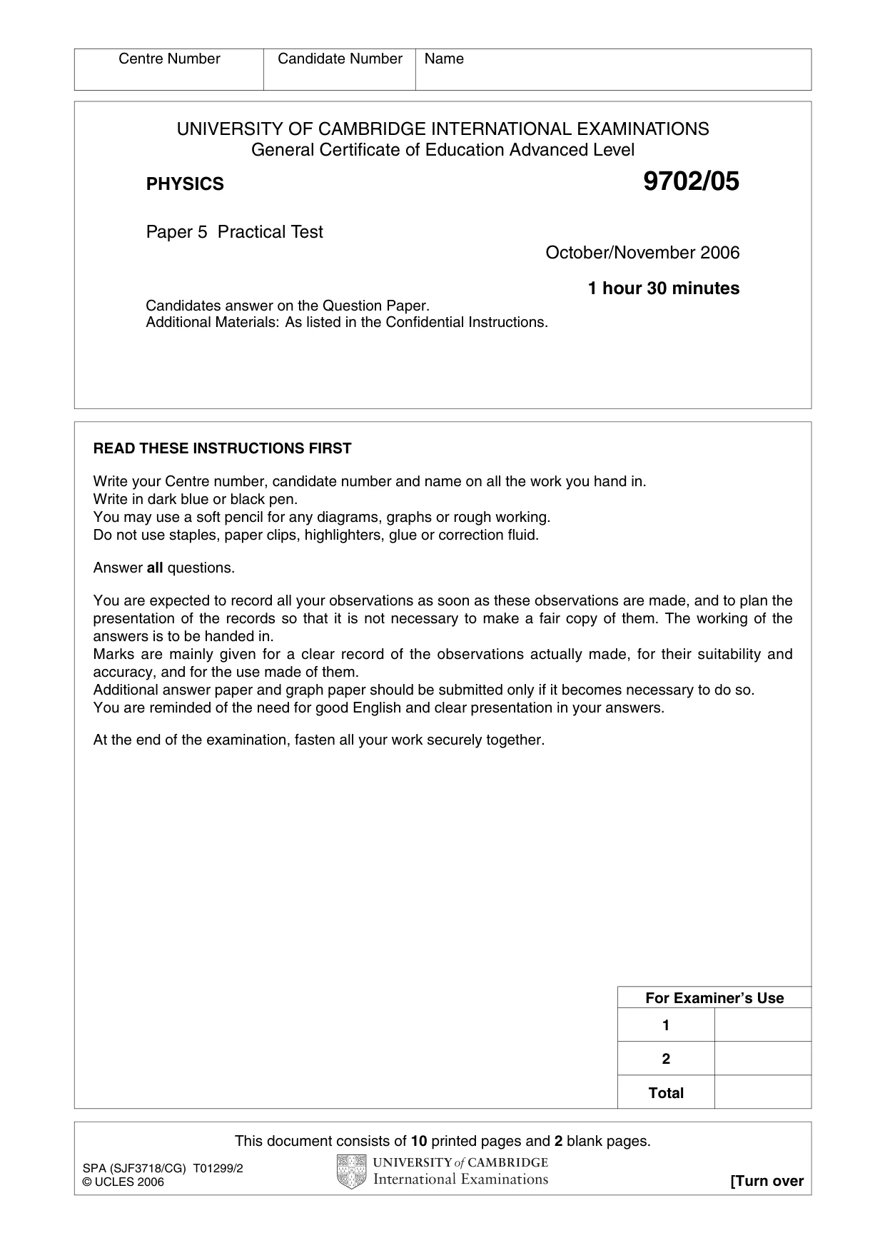 Cambridge A Level Physics 9702 2006 Oct/Nov Paper 5 · Variant 1 question paper, page 1 of 12