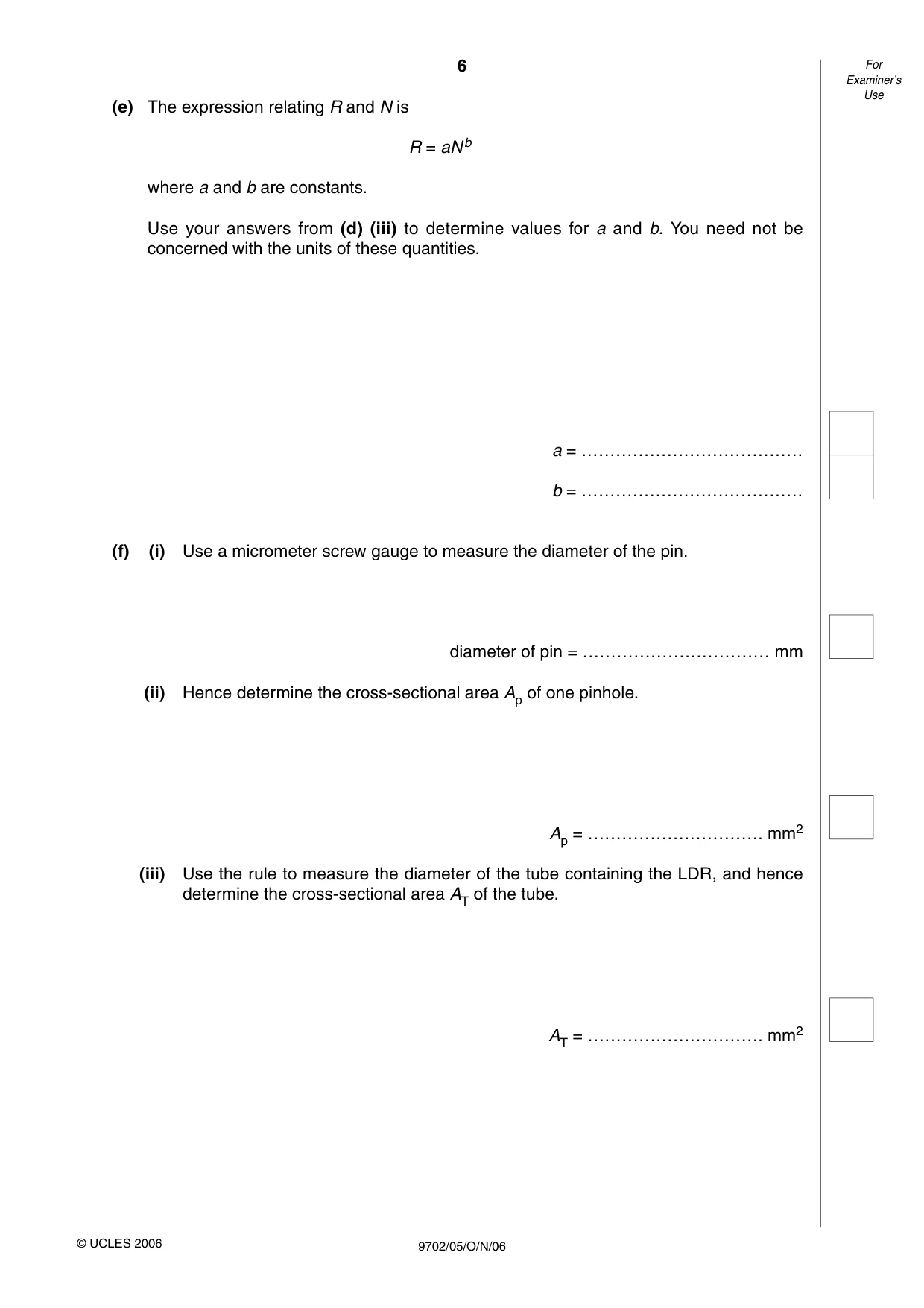 Cambridge A Level Physics 9702 2006 Oct/Nov Paper 5 · Variant 1 question paper, page 6 of 12