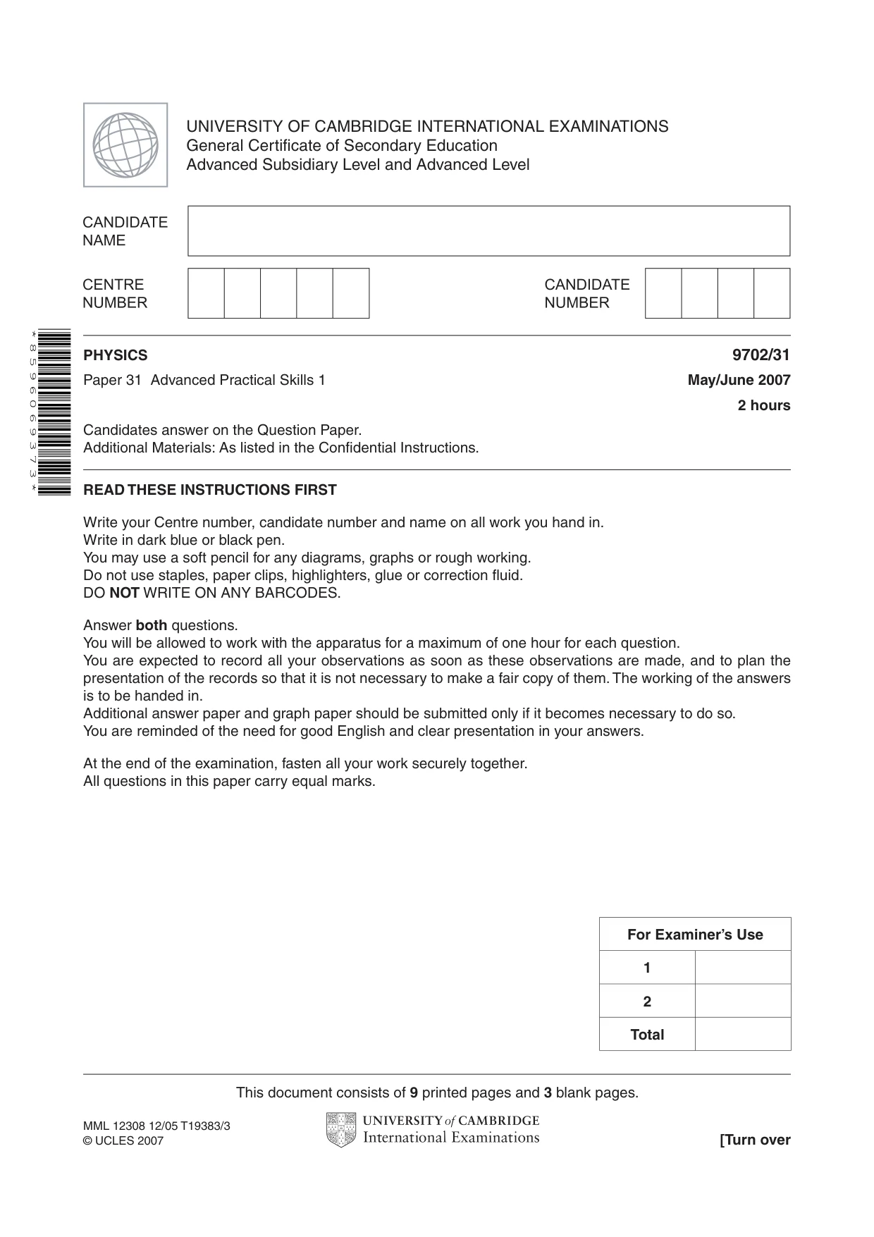 Cambridge A Level Physics 9702 2007 May/June Paper 3 · Variant 1 question paper, page 1 of 12