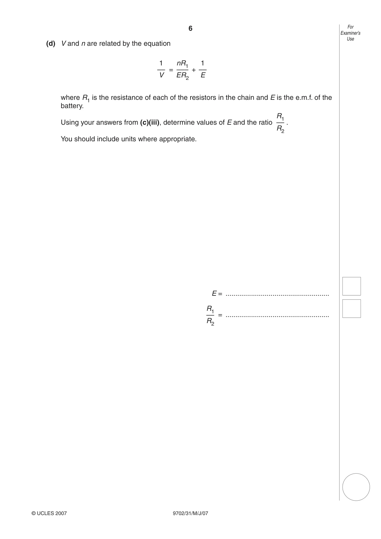 Cambridge A Level Physics 9702 2007 May/June Paper 3 · Variant 1 question paper, page 6 of 12